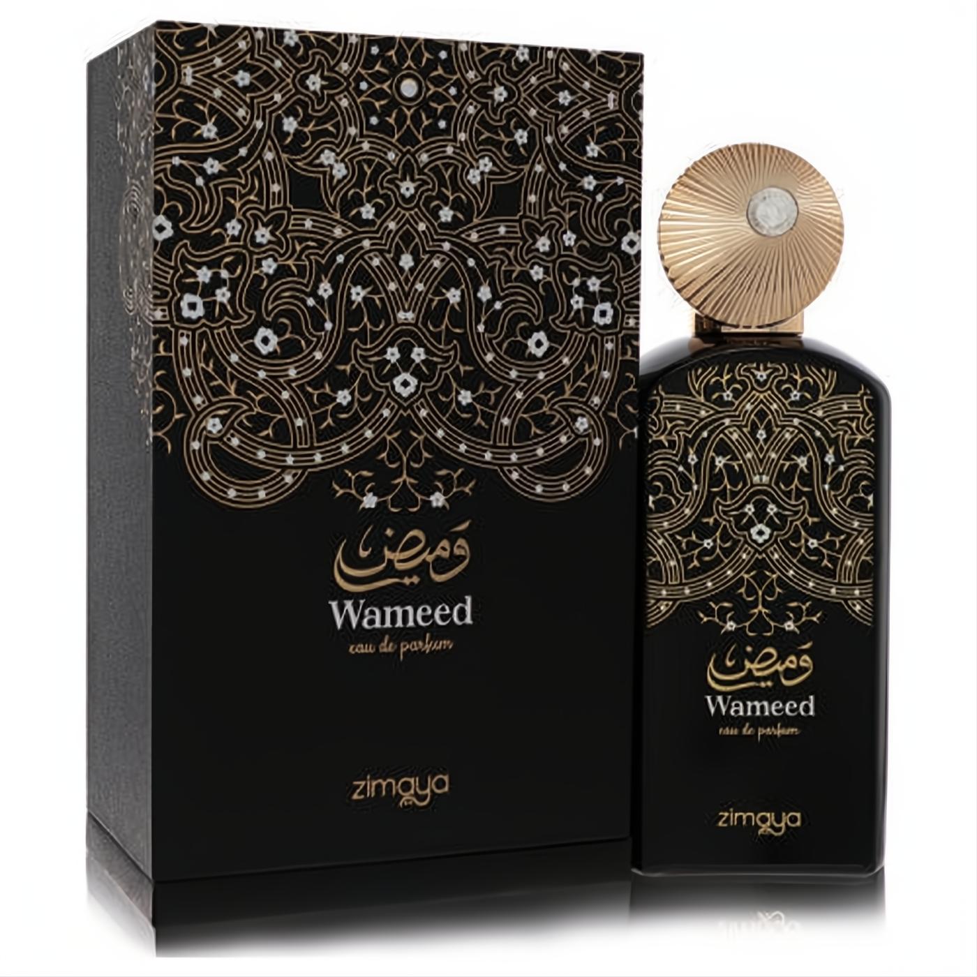 Afnan Zimaya Wameed unisex EDP spray: black bottle and box with intricate gold Arabic patterns, elegant gold ribbed cap.