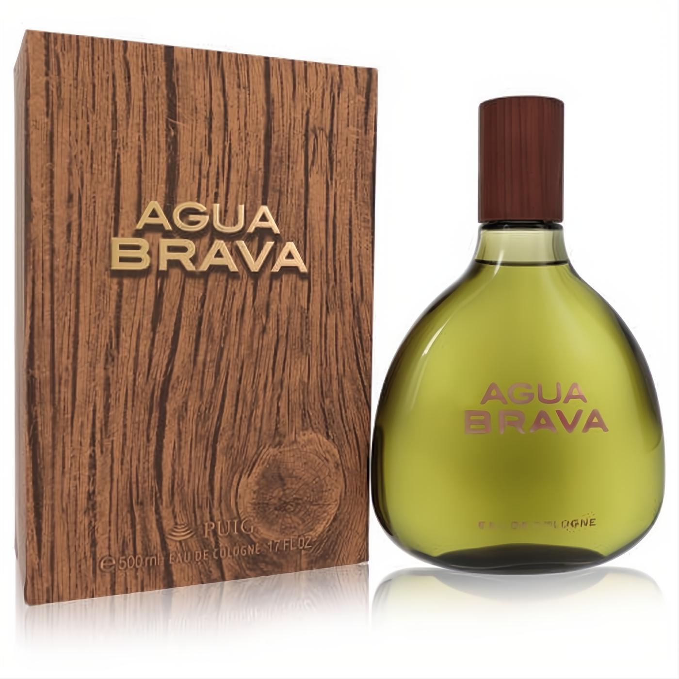 Agua Brava 17 oz men's cologne. Classic green bottle with brown cap and rustic wood-grain box.