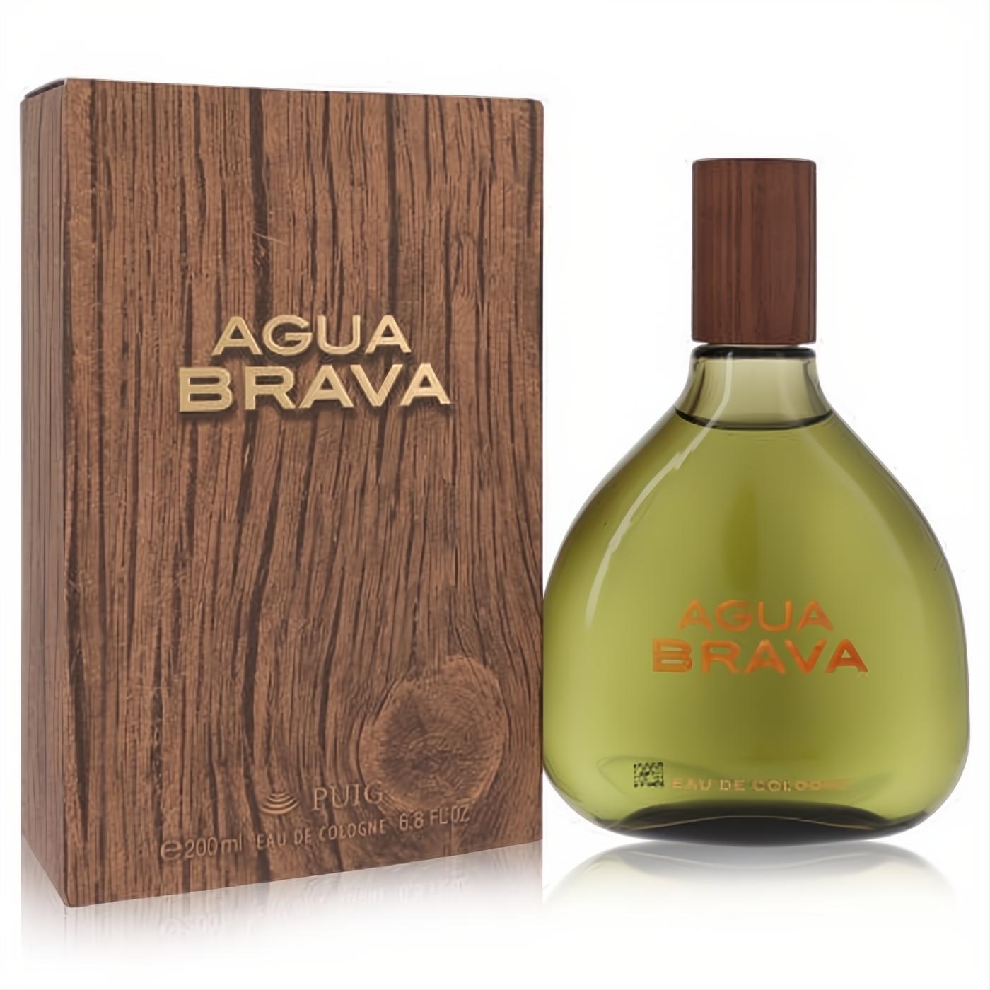 Classic Agua Brava men's Eau De Cologne, 6.8 fl oz. Olive green glass bottle with wood cap, beside a rustic wood grain box.