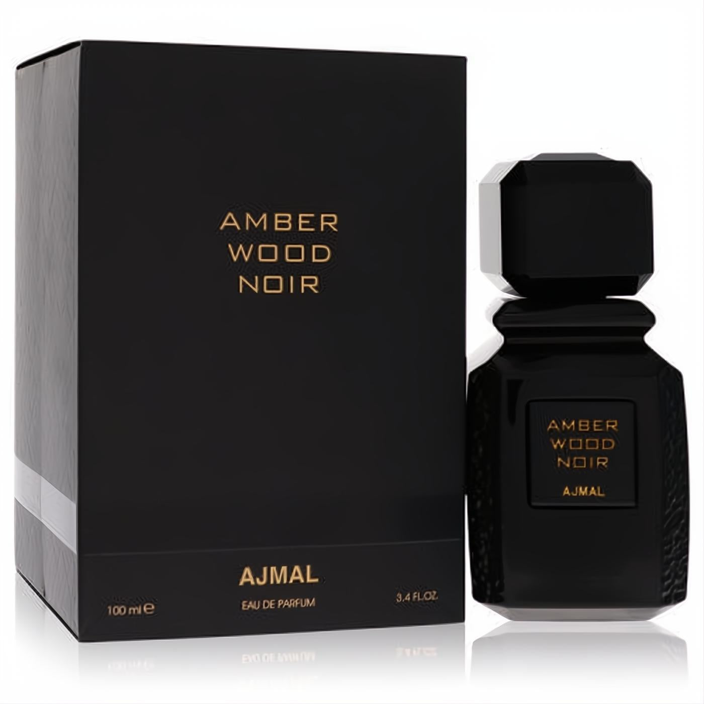 Sophisticated Ajmal Amber Wood Noir 3.4 oz unisex EDP. Black bottle with gold text, elegant matching box.