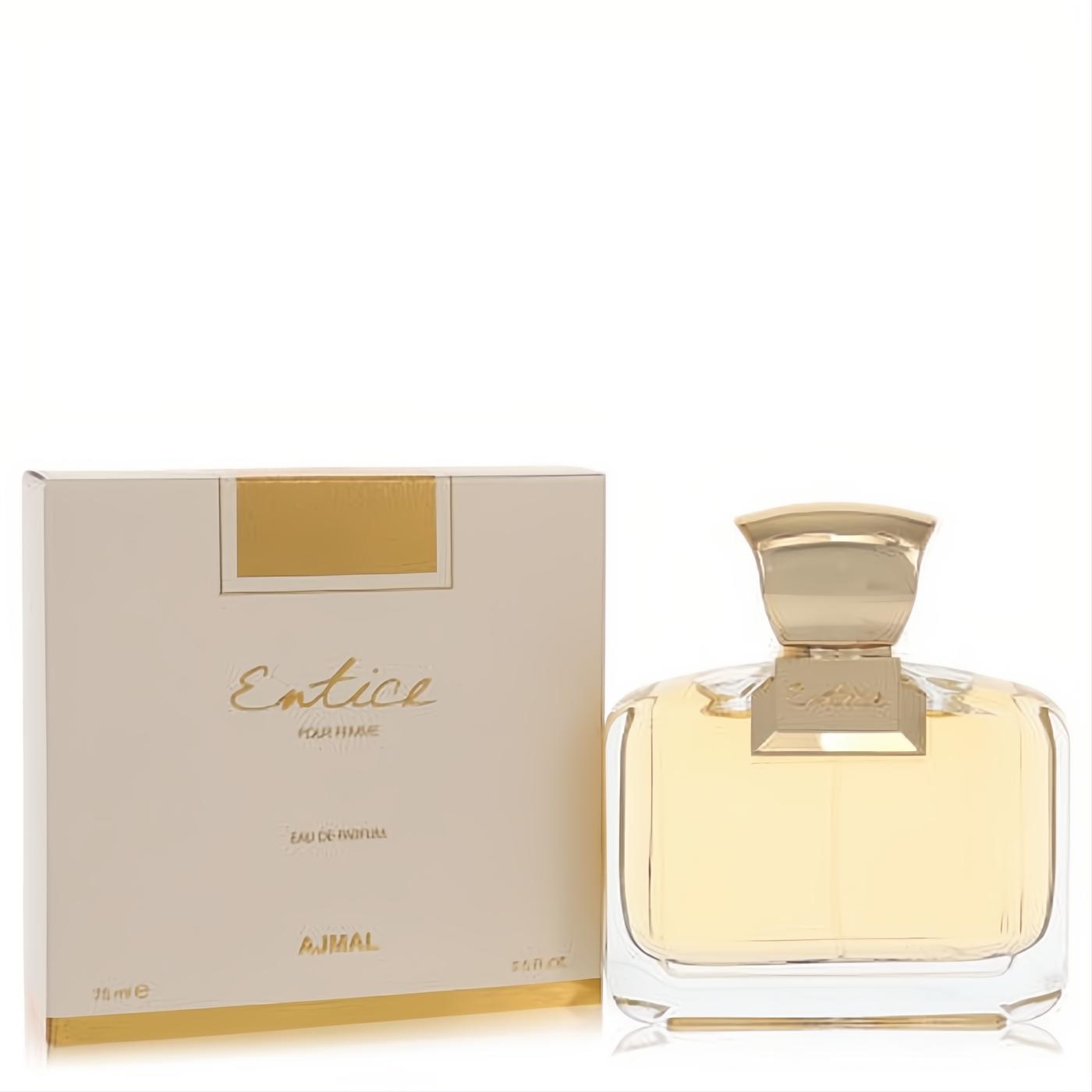 Ajmal Entice 2.5 oz women's Eau De Parfum. Luxurious clear glass bottle with golden liquid, unique gold cap, and elegant cream & gold box.