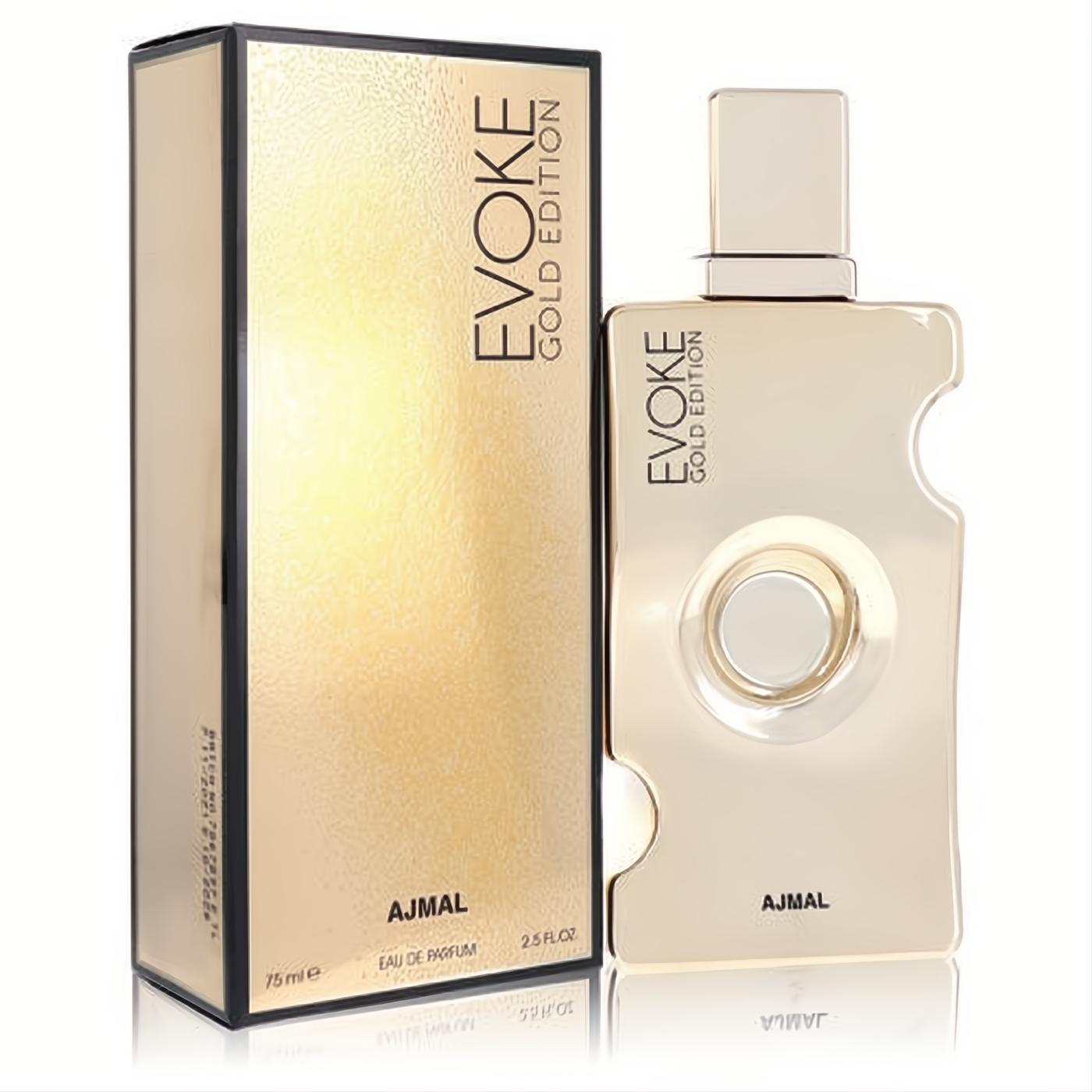 Luxurious Ajmal Evoke Gold Edition 2.5 oz women's EDP. Features a striking gold bottle with a unique sculpted design and elegant matching box.