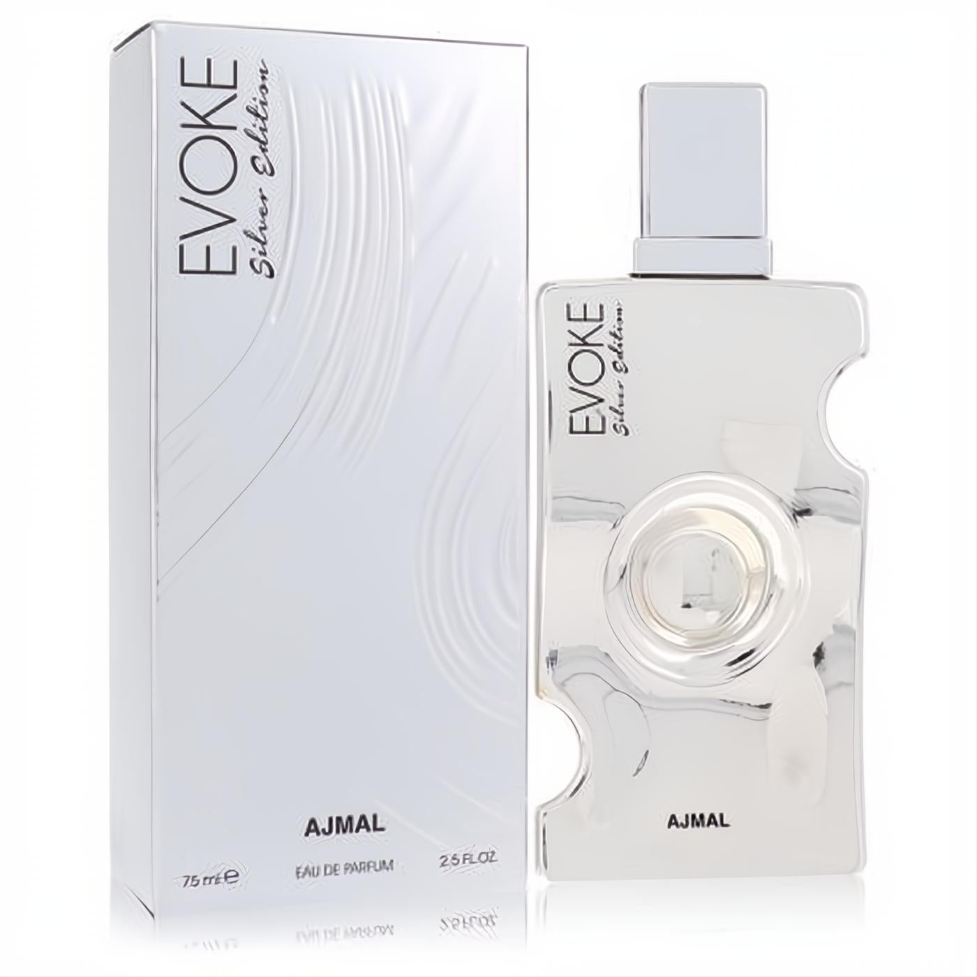 Ajmal Evoke Silver Edition 2.5 oz women's Eau De Parfum. Features a sleek, sculpted silver bottle with its elegant white box.