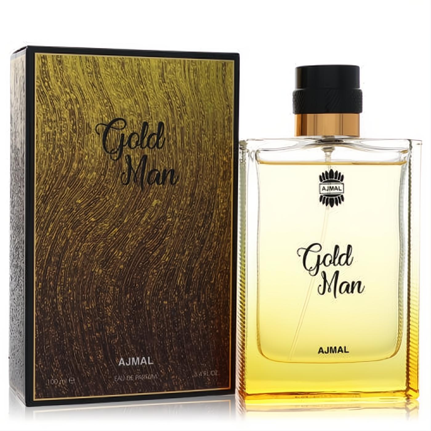 Ajmal Gold Man 3.4 oz Eau De Parfum. Golden liquid in a sleek glass bottle with black & gold cap, beside its elegant textured gold box.