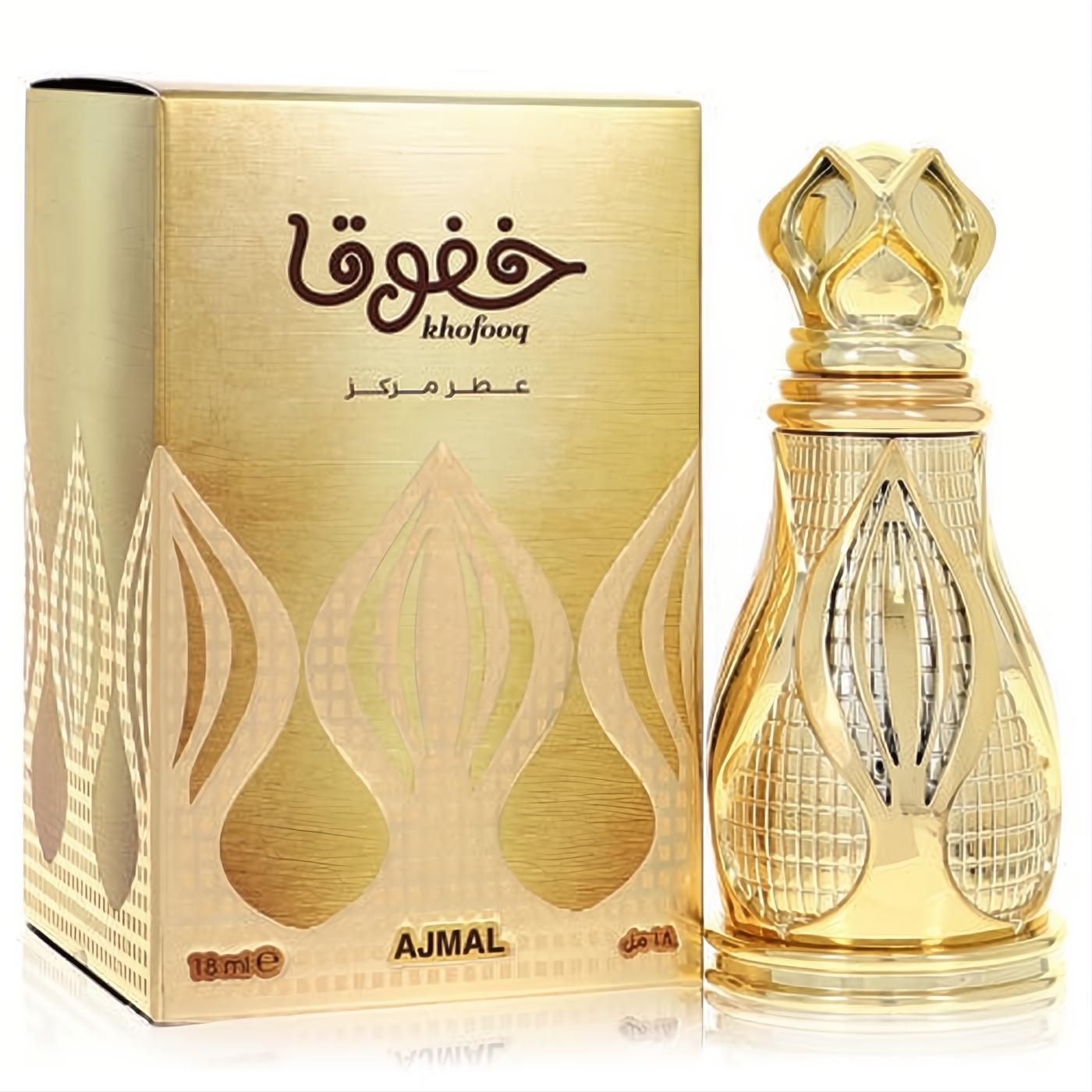 Exquisite Ajmal Khofooq 18ml concentrated perfume. Features a captivating gold bottle with intricate filigree patterns and a regal matching box.