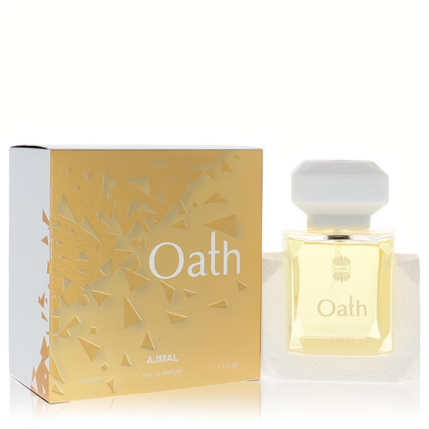 Stunning Ajmal Oath women's 3.4 oz Eau De Parfum. Clear bottle with yellow liquid, white cap, and elegant gold-white geometric box.