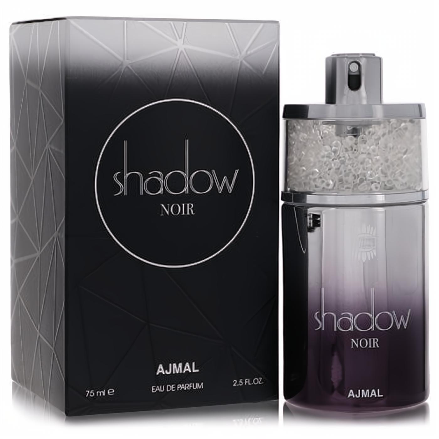 Ajmal Shadow Noir 2.5 oz EDP. Luxurious bottle with sparkling crystal cap, deep purple gradient, and sophisticated black box.