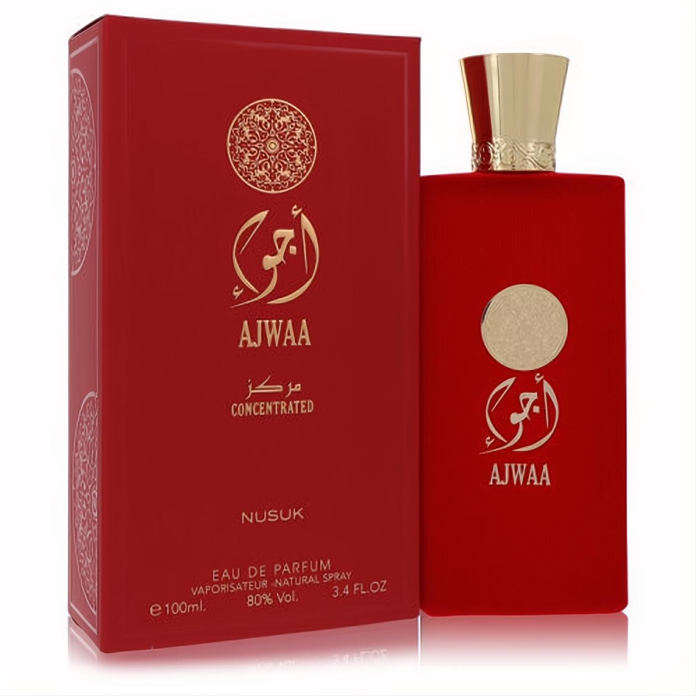 Bold red Ajwaa Concentrated Nusuk Eau De Parfum 3.4 oz spray bottle and box with elegant gold cap and accents.