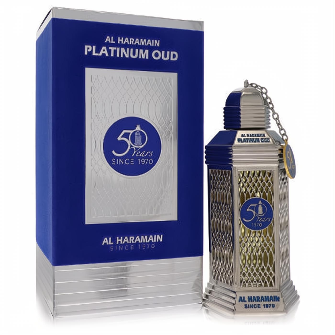 Al Haramain 50 Years Platinum Oud unisex EDP. Luxurious silver lantern bottle with blue accents, intricate filigree, and matching box.