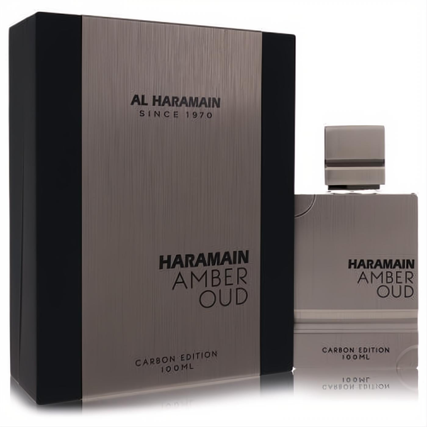 Al Haramain Amber Oud Carbon Edition 3.4 oz unisex EDP. Sleek charcoal brushed metal box and matching bottle.