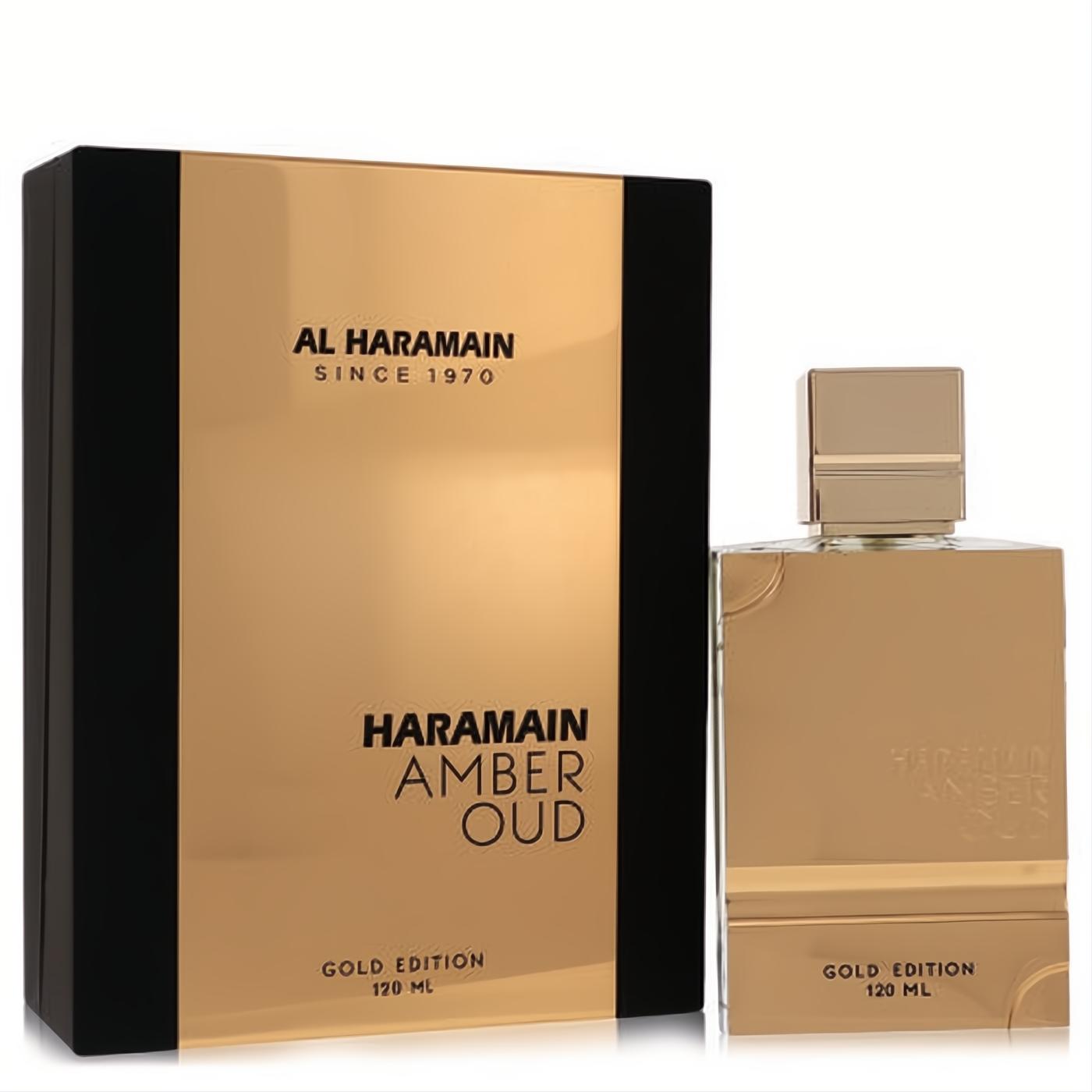 Elegant Al Haramain Amber Oud Gold Edition 120ml unisex perfume. Sleek gold bottle and matching black & gold luxury box.