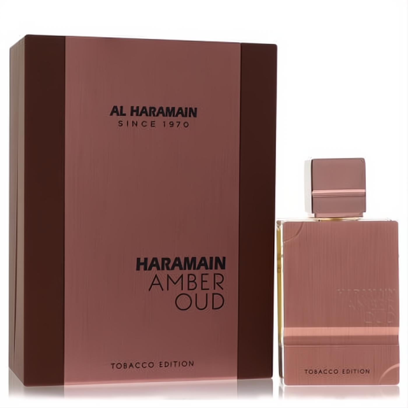 Al Haramain Amber Oud Tobacco Edition men's EDP. Elegant brown bottle with ribbed finish & matching box.