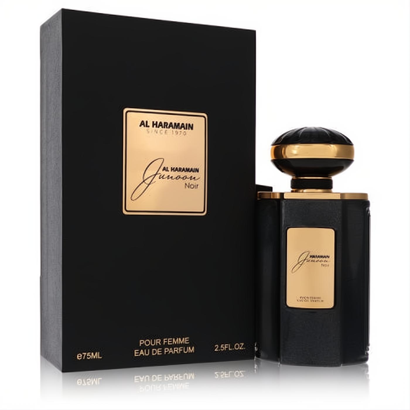 Al Haramain Junoon Noir 2.5 oz EDP. Elegant matte black box and textured bottle with luxurious gold details.