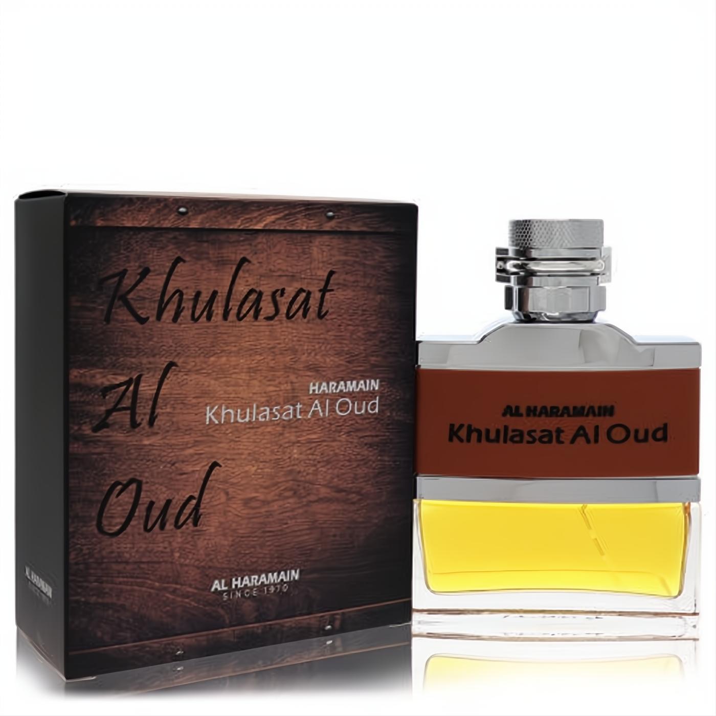 Captivating Al Haramain Khulasat Al Oud 3.4 oz unisex EDP. Sleek glass bottle with golden liquid, rich wood-grain box.