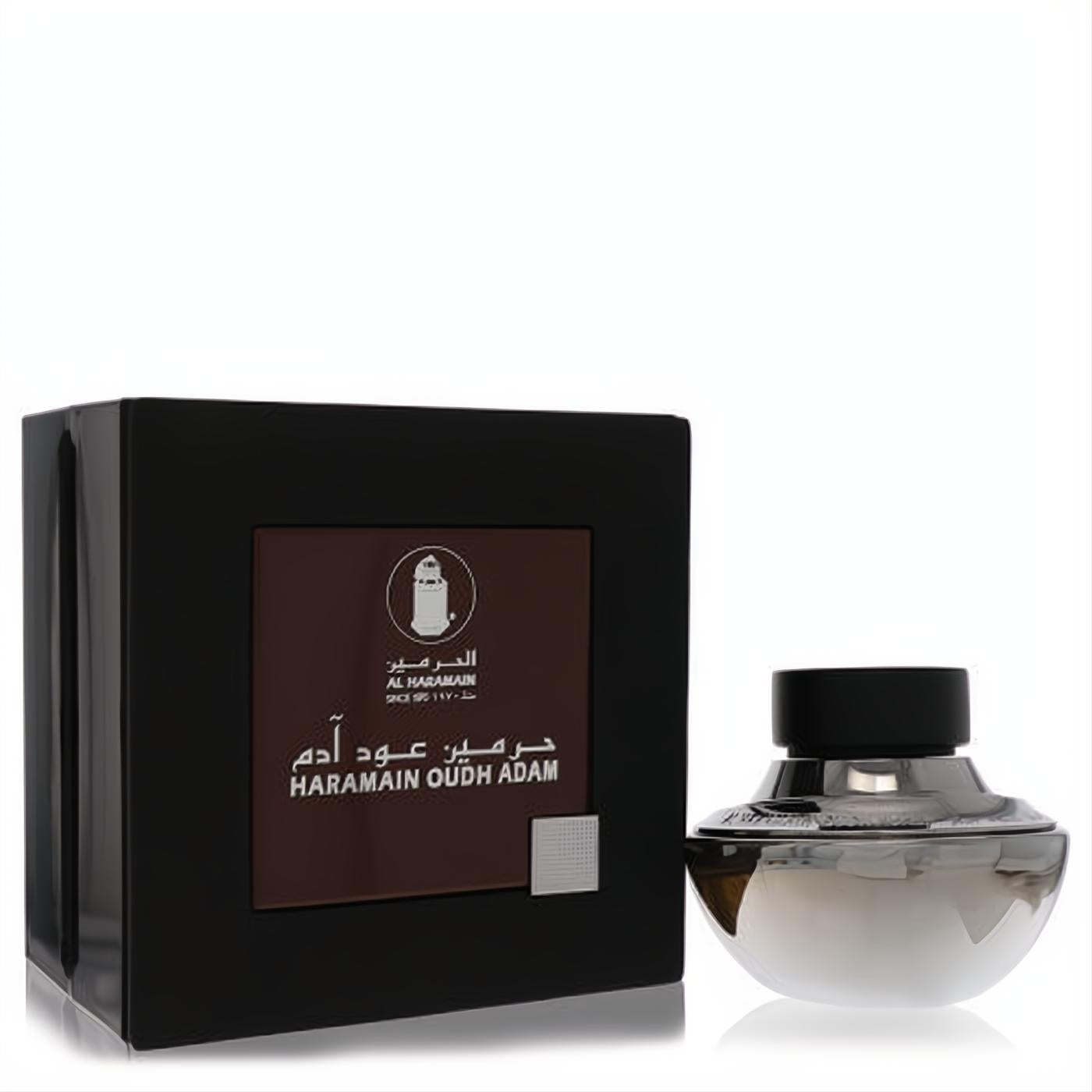 Luxurious Al Haramain Oudh Adam 2.5 oz men's EDP. Glossy black box and unique silver, black-capped bottle.