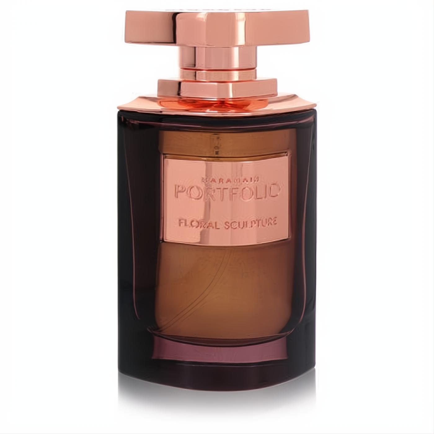 Al Haramain Portfolio Floral Sculpture 2.5 oz EDP. Dark glass bottle, rose gold cap & metallic label. Bold women's fragrance.