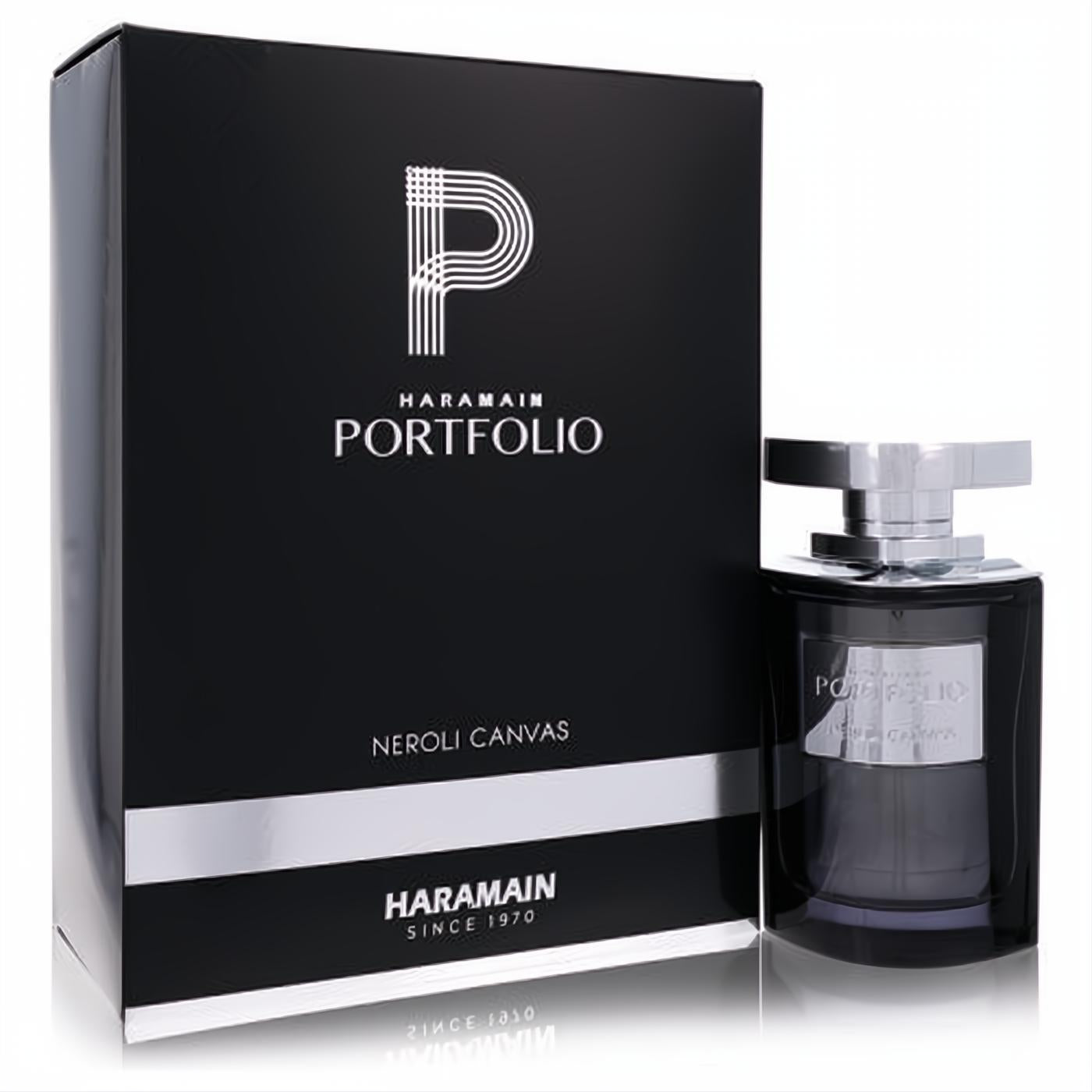 Al Haramain Portfolio Neroli Canvas 2.5 oz men's EDP. Luxurious black box and dark glass bottle with sleek silver design.