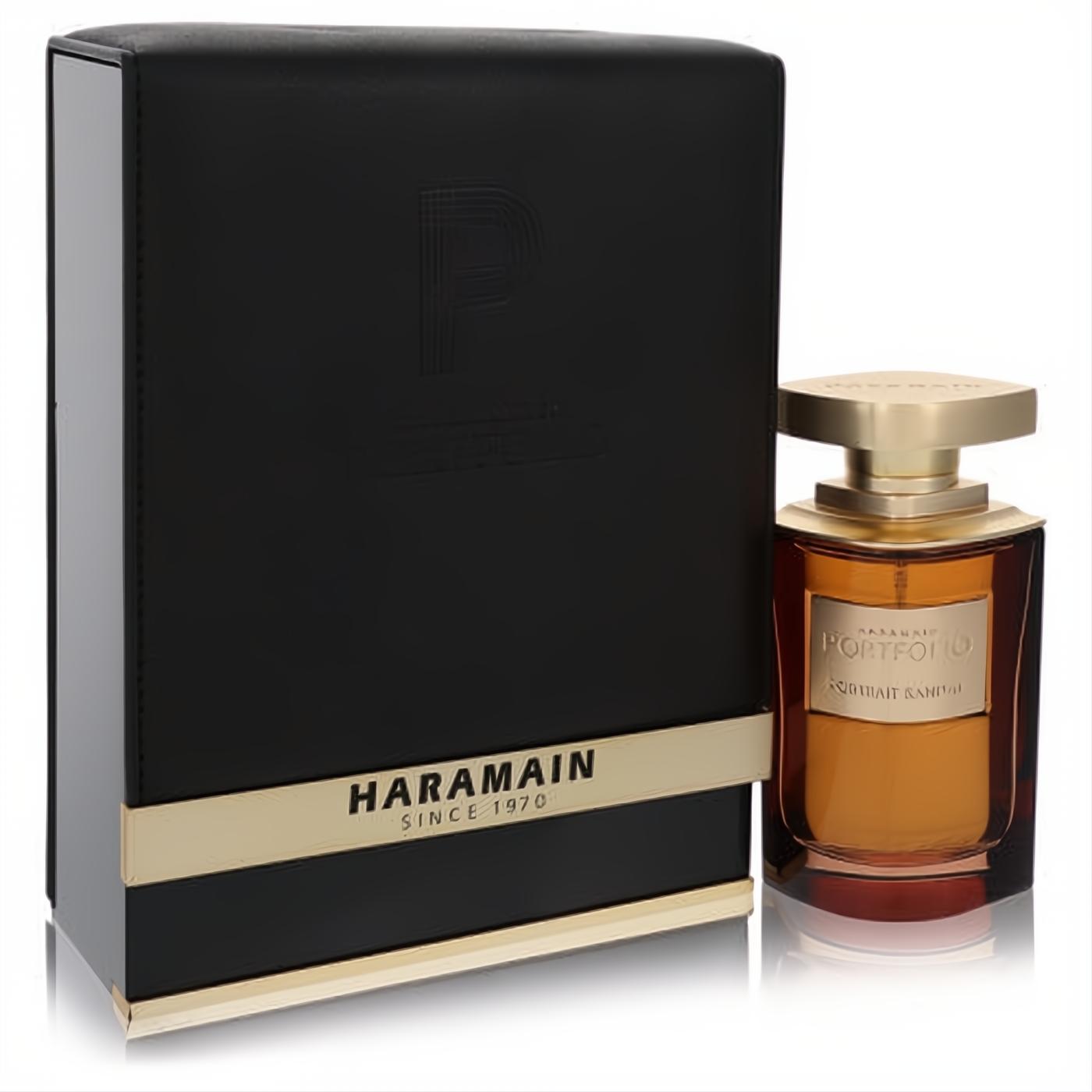 Al Haramain Portfolio Portrait Sandal EDP: Rich amber fragrance in a sophisticated glass bottle with gold cap, beside its elegant black and gold box.