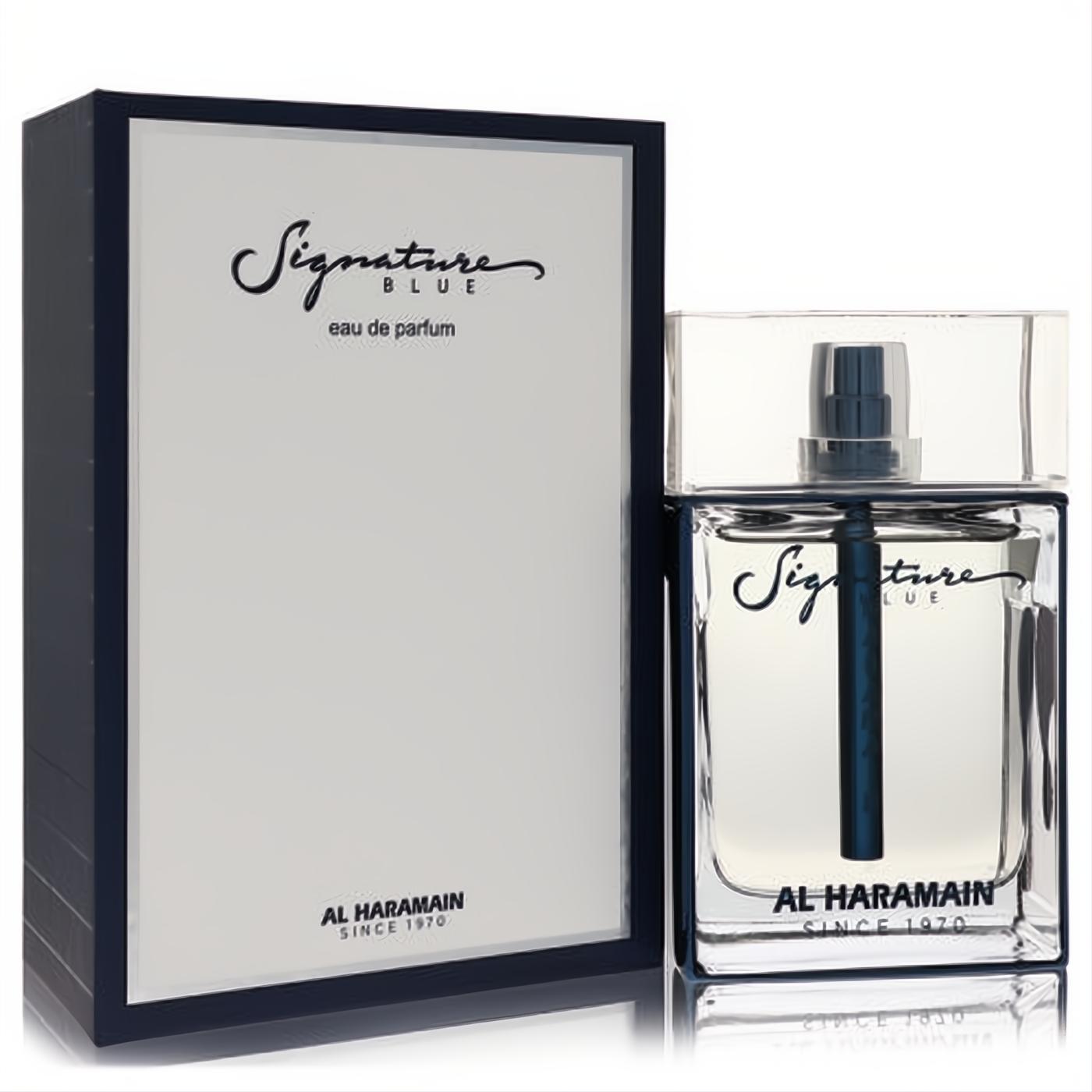 Al Haramain Signature Blue men's Eau De Parfum 3.3 oz. Sleek clear glass bottle with blue accents and matching white/blue box.