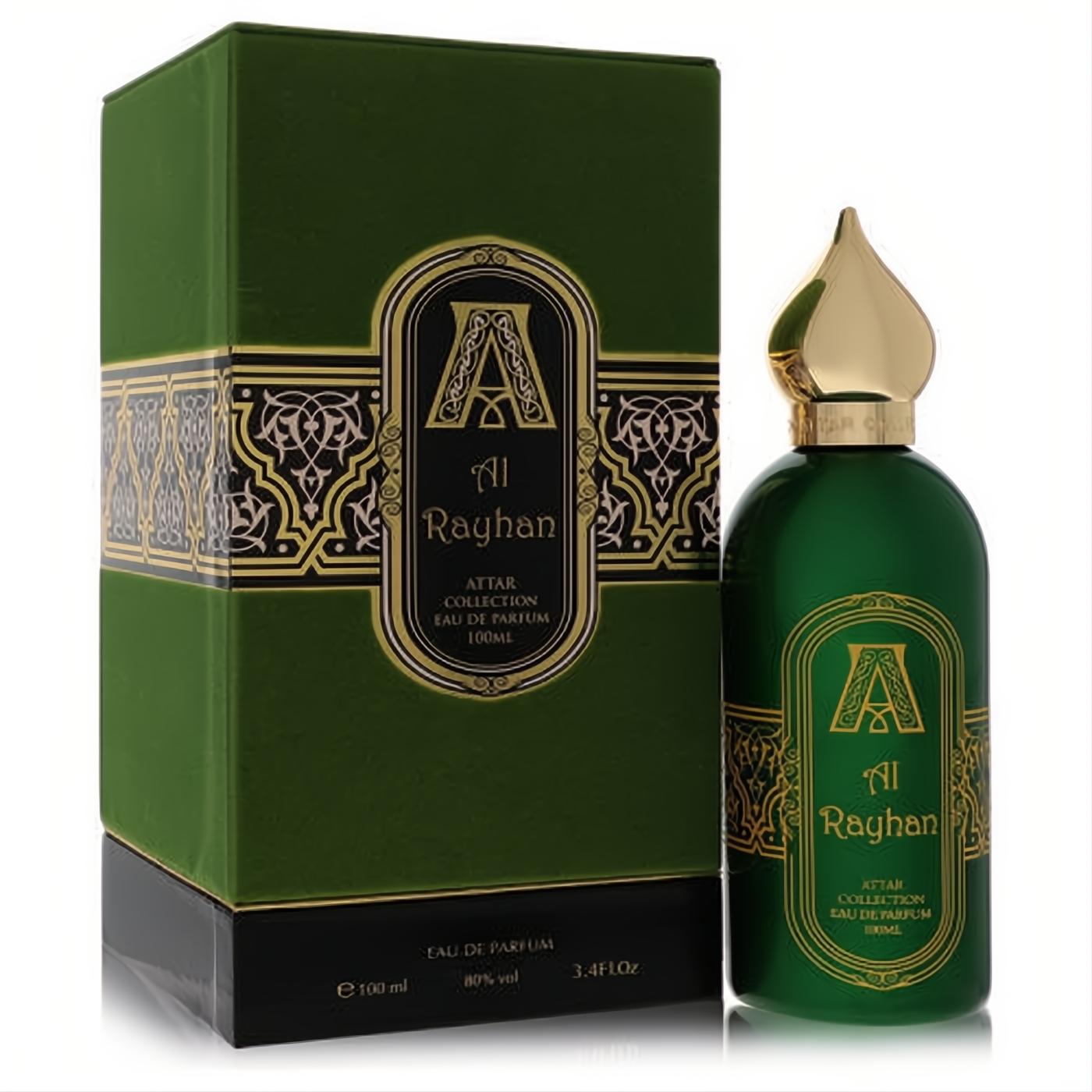 Exquisite Al Rayhan Attar Collection unisex fragrance: dark green 3.4 oz bottle with ornate gold cap and matching luxurious box.