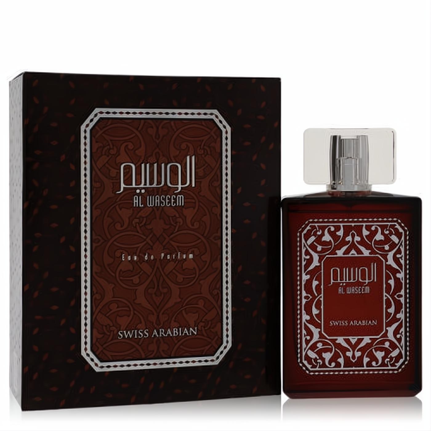 Al Waseem Swiss Arabian men's Eau de Parfum. Elegant dark brown bottle and box with intricate white Arabic patterns.
