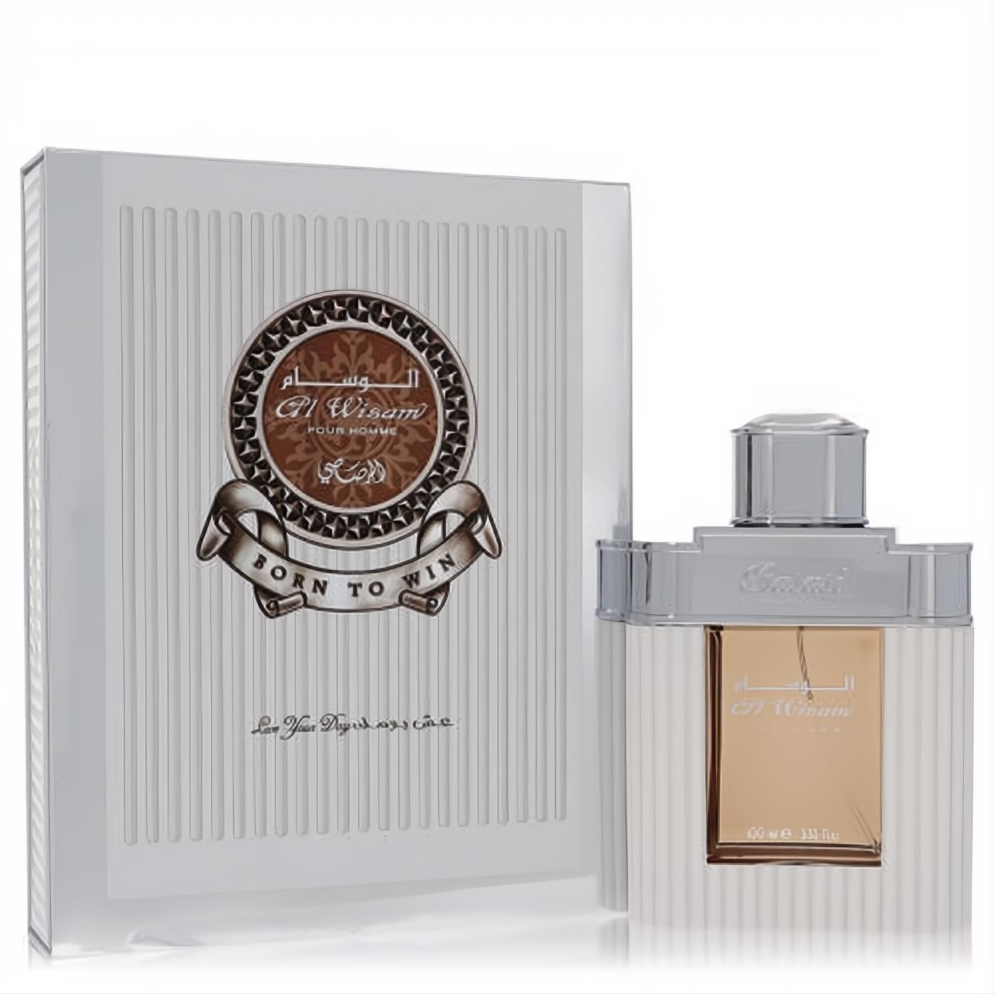 Unleash your winning spirit with Rasasi Al Wisam Day Born To Win 3.33 oz men's EDP, featuring a sleek silver bottle and elegant white packaging.
