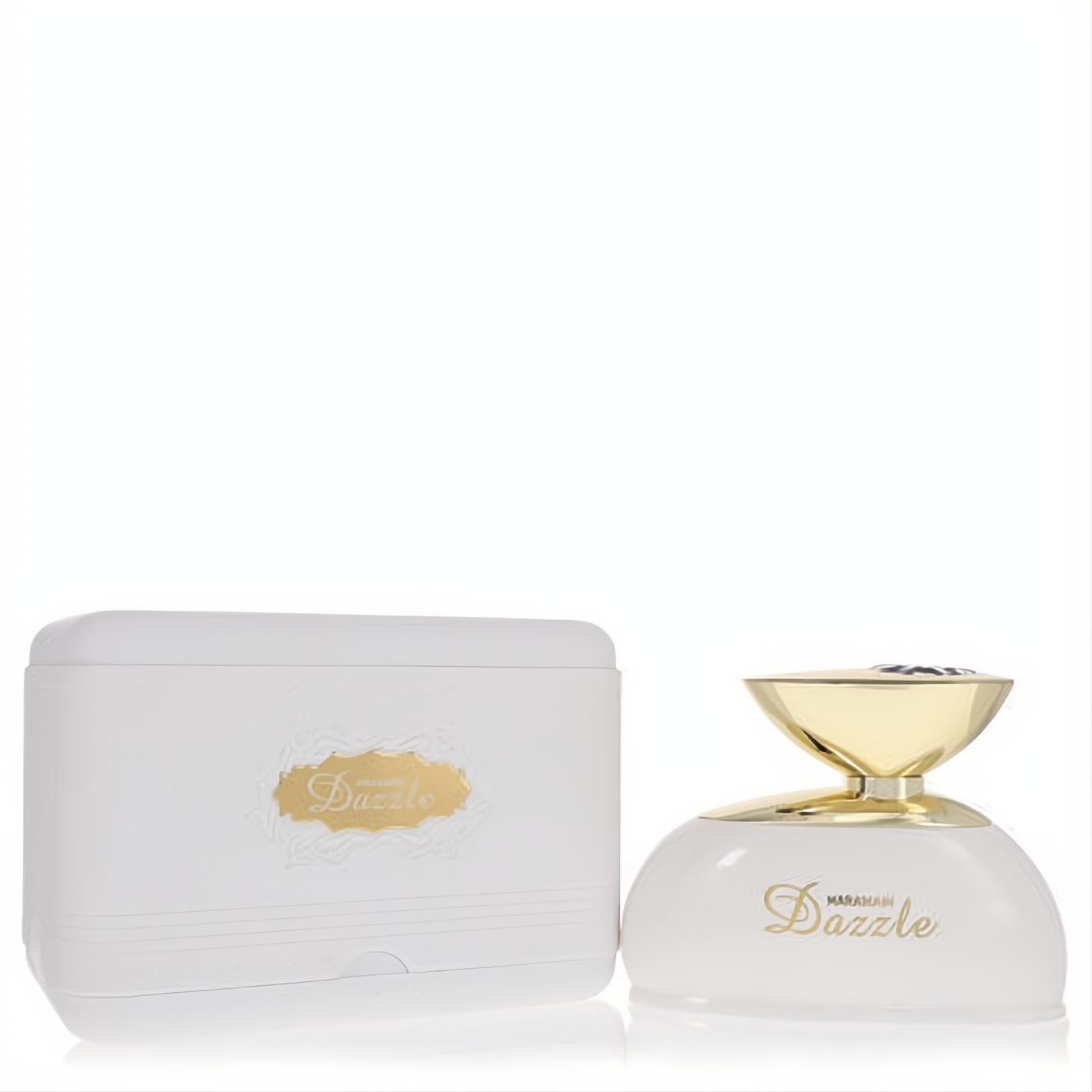 Al Haramain Dazzle 3 oz unisex Eau De Parfum: elegant white bottle with a striking gold cap and matching presentation case.