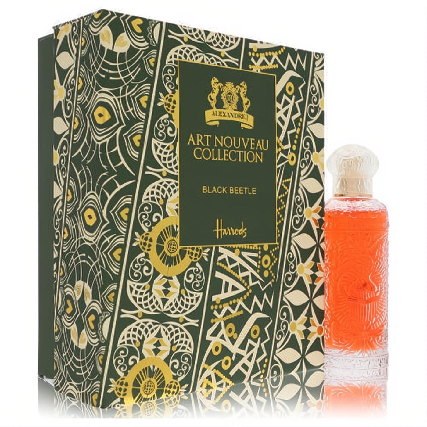 Alexandre J Black Beetle unisex EDP: vibrant orange liquid in an ornate glass bottle, with a luxurious green Art Nouveau box.