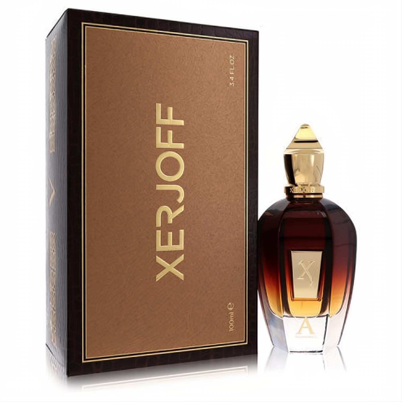 Elegant Xerjoff Alexandria II 3.4 oz EDP in a unique amber-gold faceted bottle with a regal gold cap, beside its luxurious brown box.