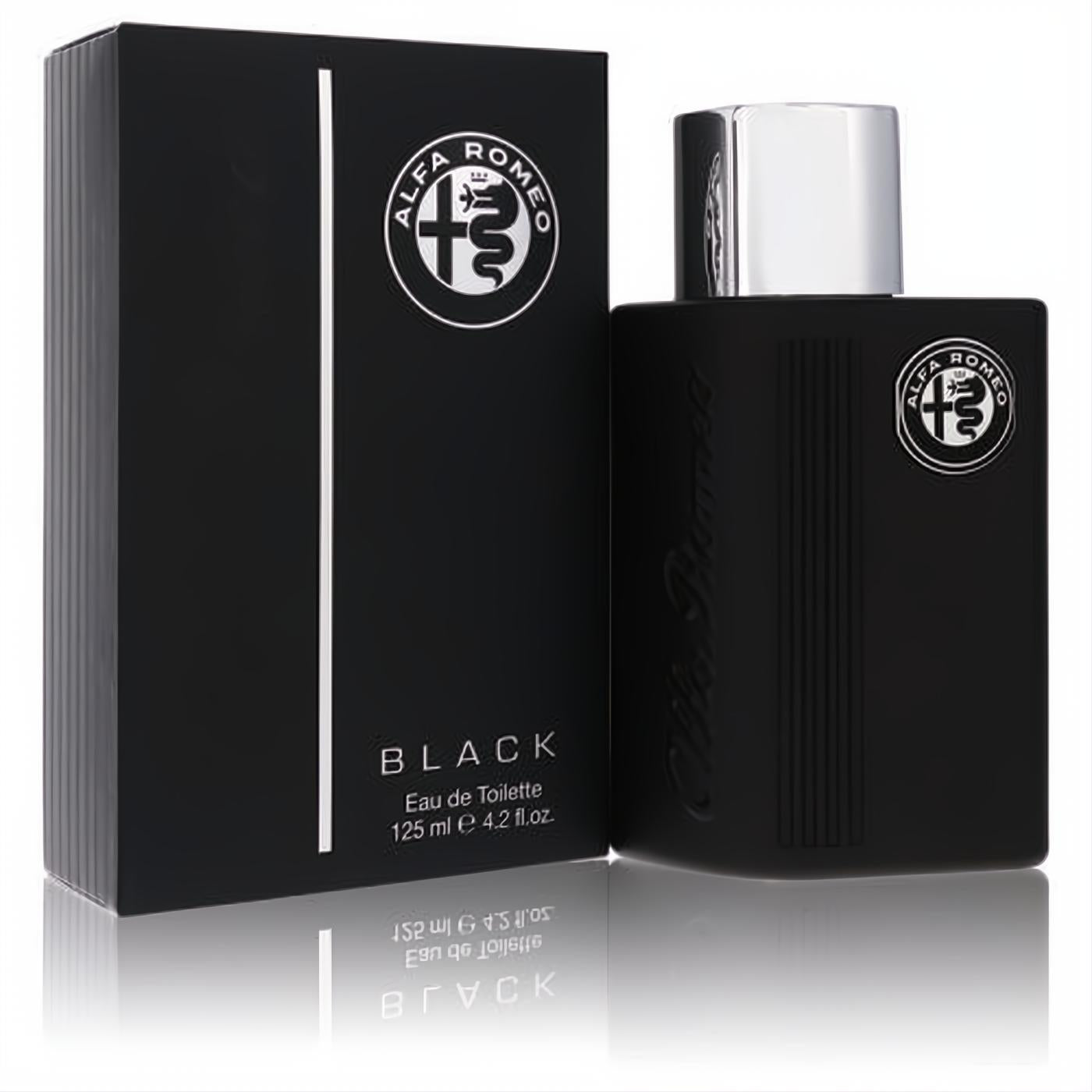 Experience Alfa Romeo Black 4.2 oz EDT. Modern matte black bottle with embossed branding, sleek silver cap, and elegant box.