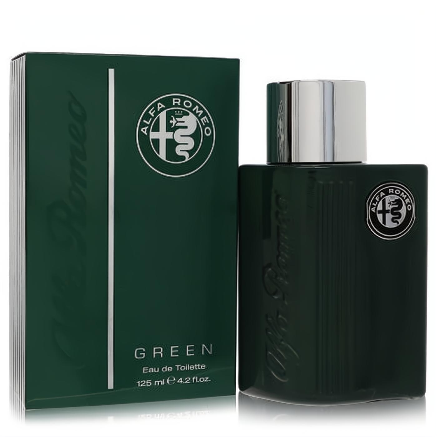 Discover Alfa Romeo Green EDT 4.2 oz men's cologne. Sleek dark green bottle with silver cap, iconic logo, and matching box.