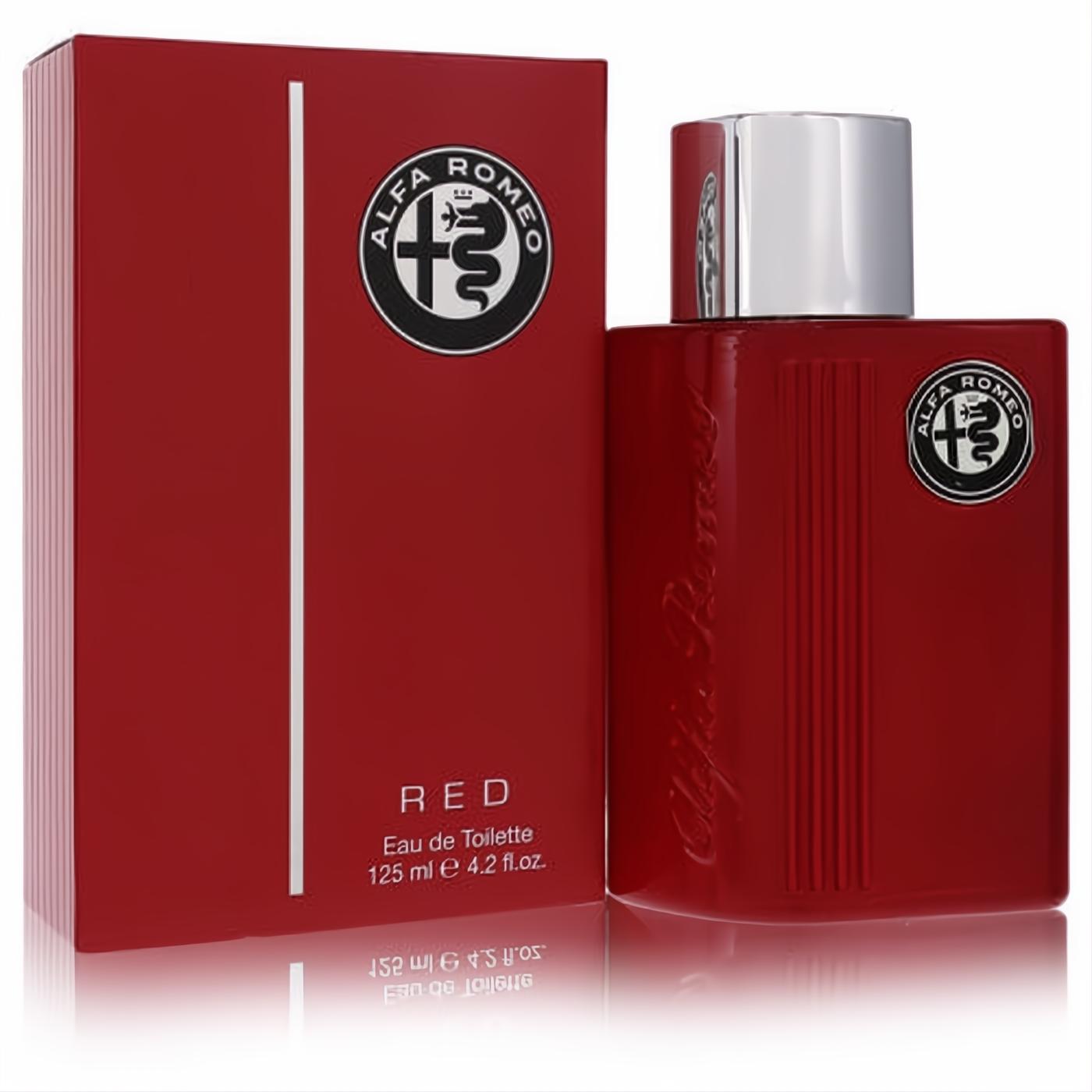 Experience Alfa Romeo Red 4.2 oz EDT. Bold red bottle with embossed logo, textured finish, sleek silver cap, and matching box.