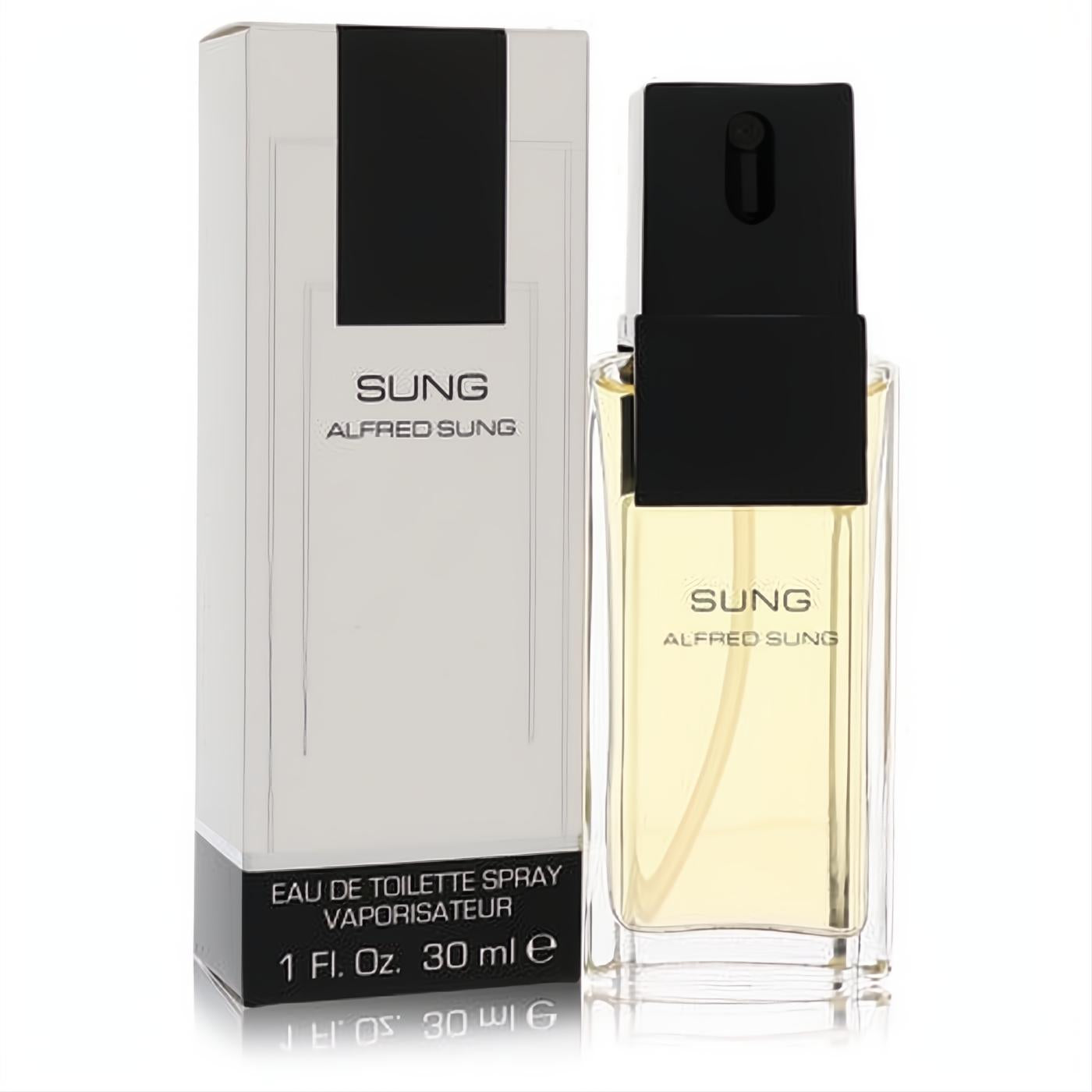 Alfred Sung women's Eau De Toilette 1 oz spray. Clear glass bottle with golden fragrance, paired with its elegant white and black box.