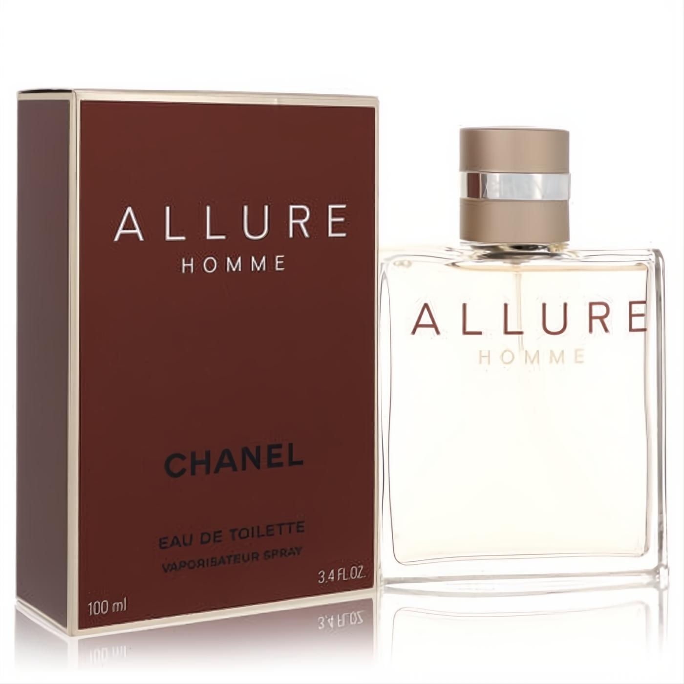 Iconic Chanel Allure Homme men's 3.4 oz EDT spray. Luxurious clear glass bottle with gold cap and rich burgundy box.