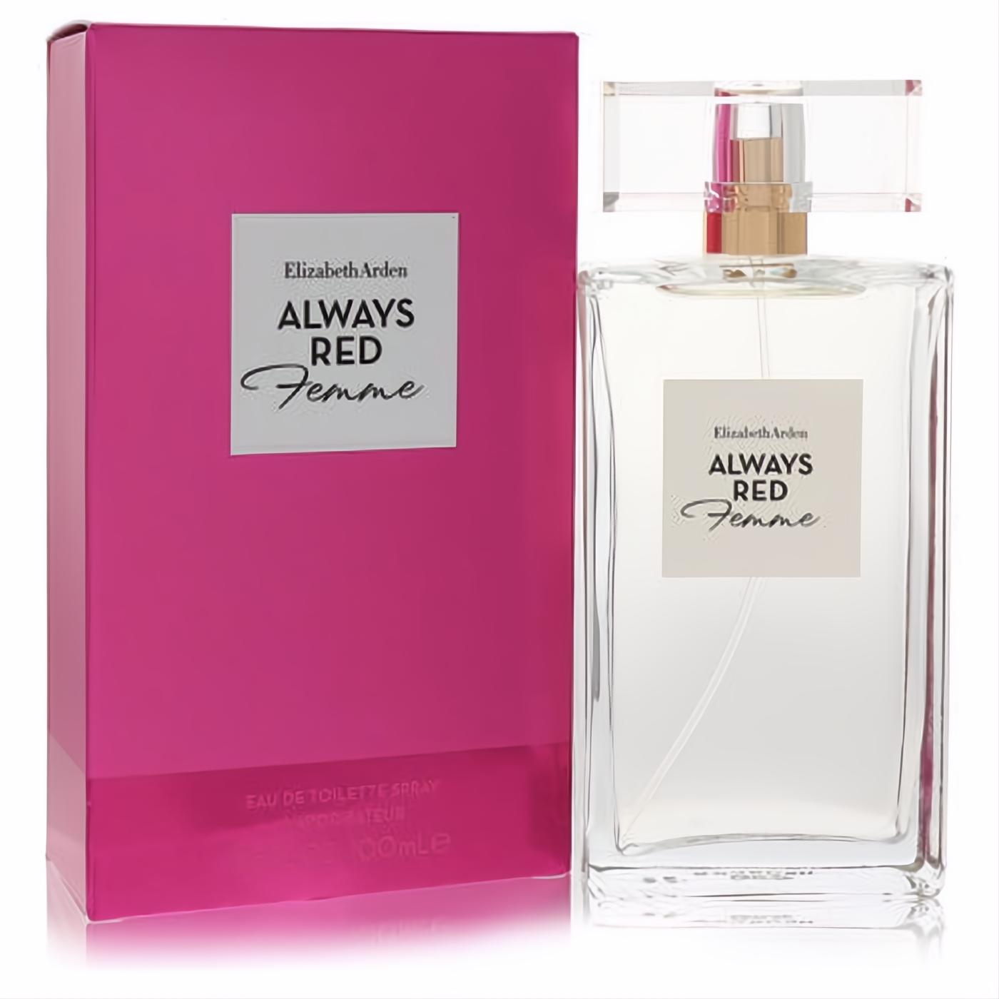 Elizabeth Arden Always Red Femme 100ml EDT spray in a sleek clear glass bottle with gold sprayer, next to its iconic fuchsia box.
