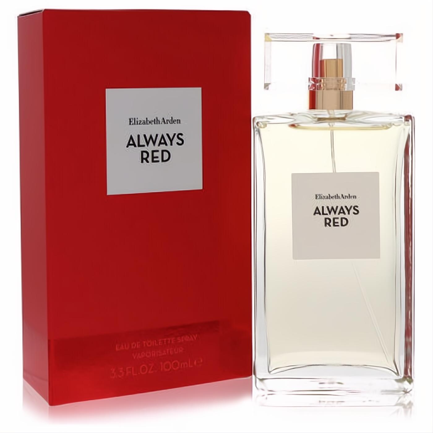 Elizabeth Arden Always Red 3.3 oz Eau De Toilette spray. Elegant clear glass bottle, gold cap, and bold red packaging.