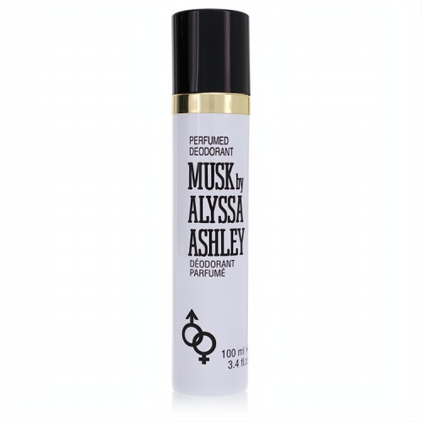 Luxurious Alyssa Ashley Musk 3.4 oz perfumed deodorant spray. White can, sleek black cap, and elegant gold band.