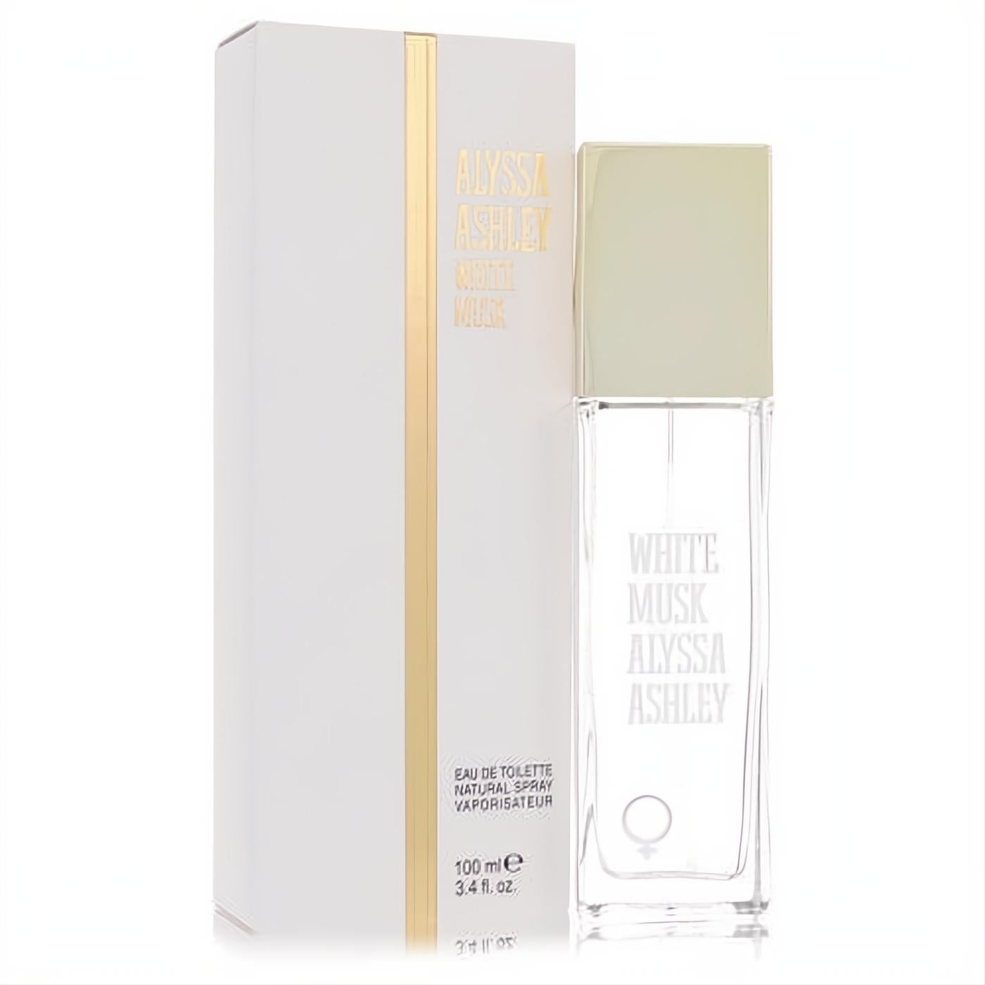 Alyssa Ashley White Musk 3.4 oz Eau De Toilette spray for women. Clear glass bottle, elegant gold cap, and white box.