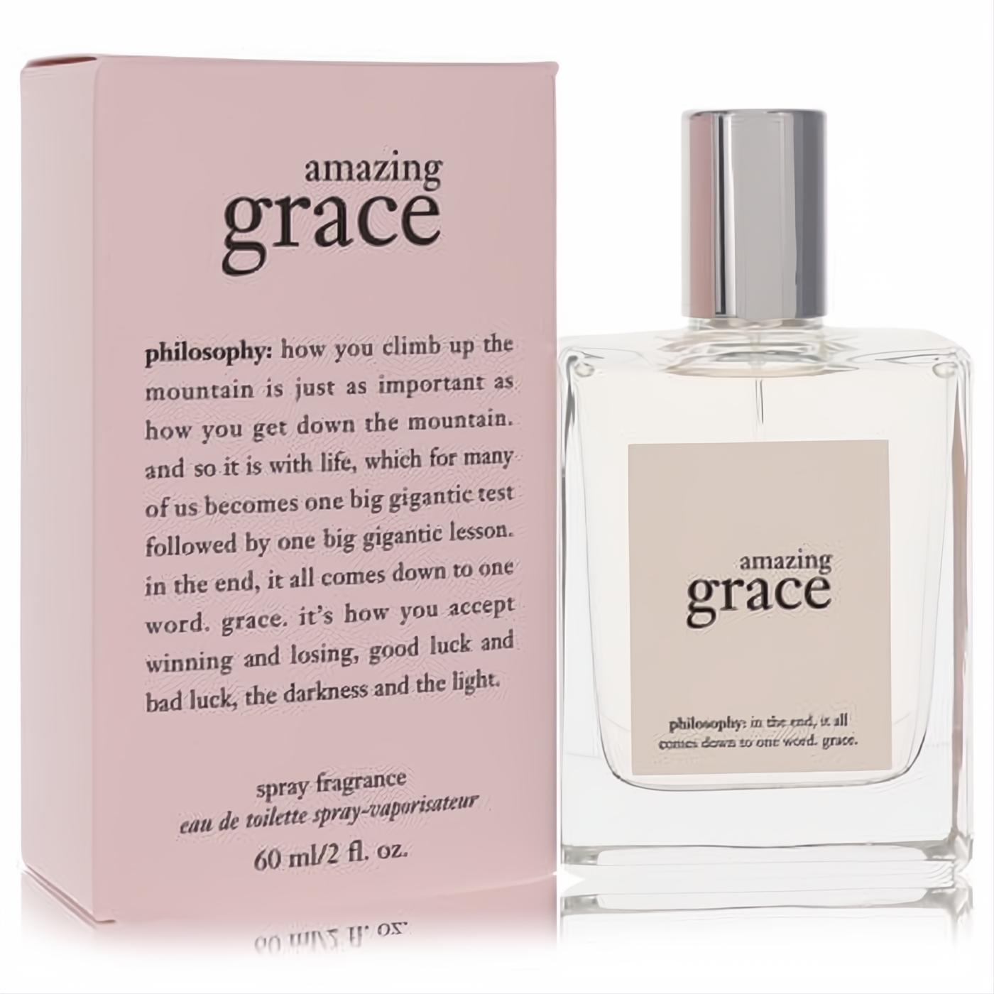 Amazing Grace Philosophy 2 oz EDT spray: clear glass bottle, silver cap, elegant blush pink box. Experience timeless fragrance.