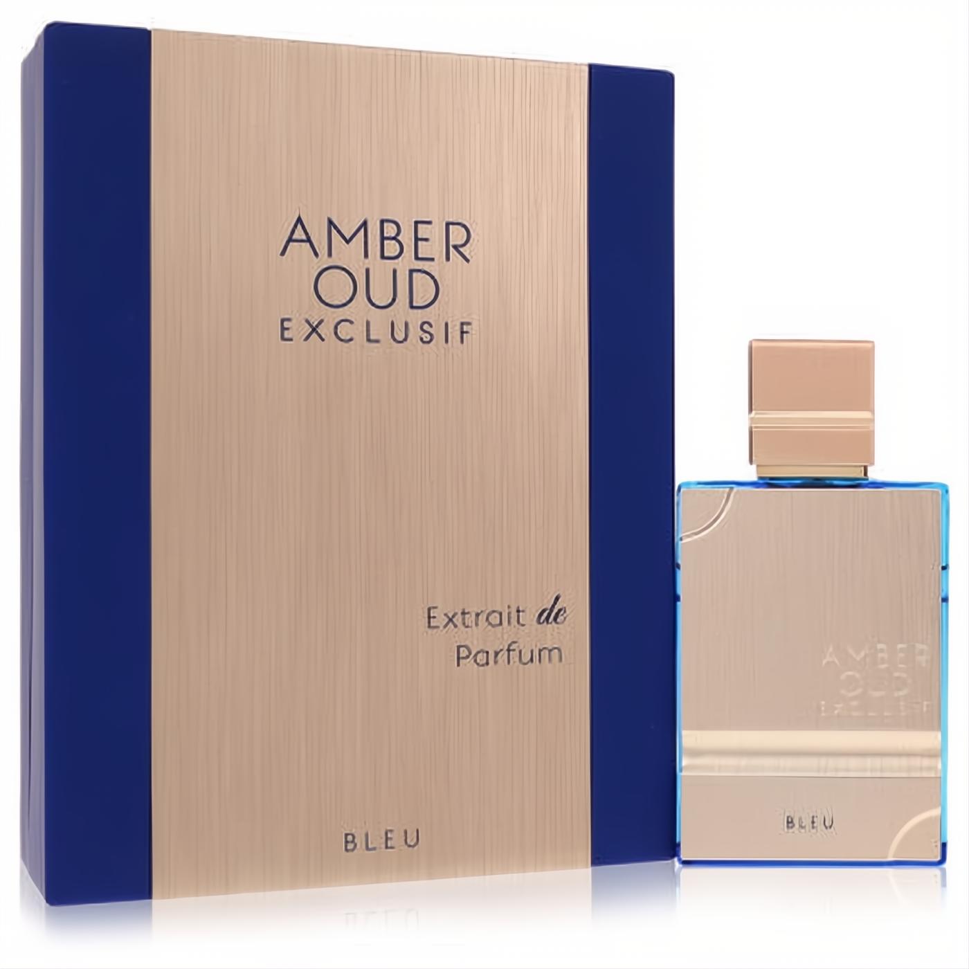 Elegant Amber Oud Exclusif Bleu perfume bottle and box. Stunning metallic gold and deep blue design.