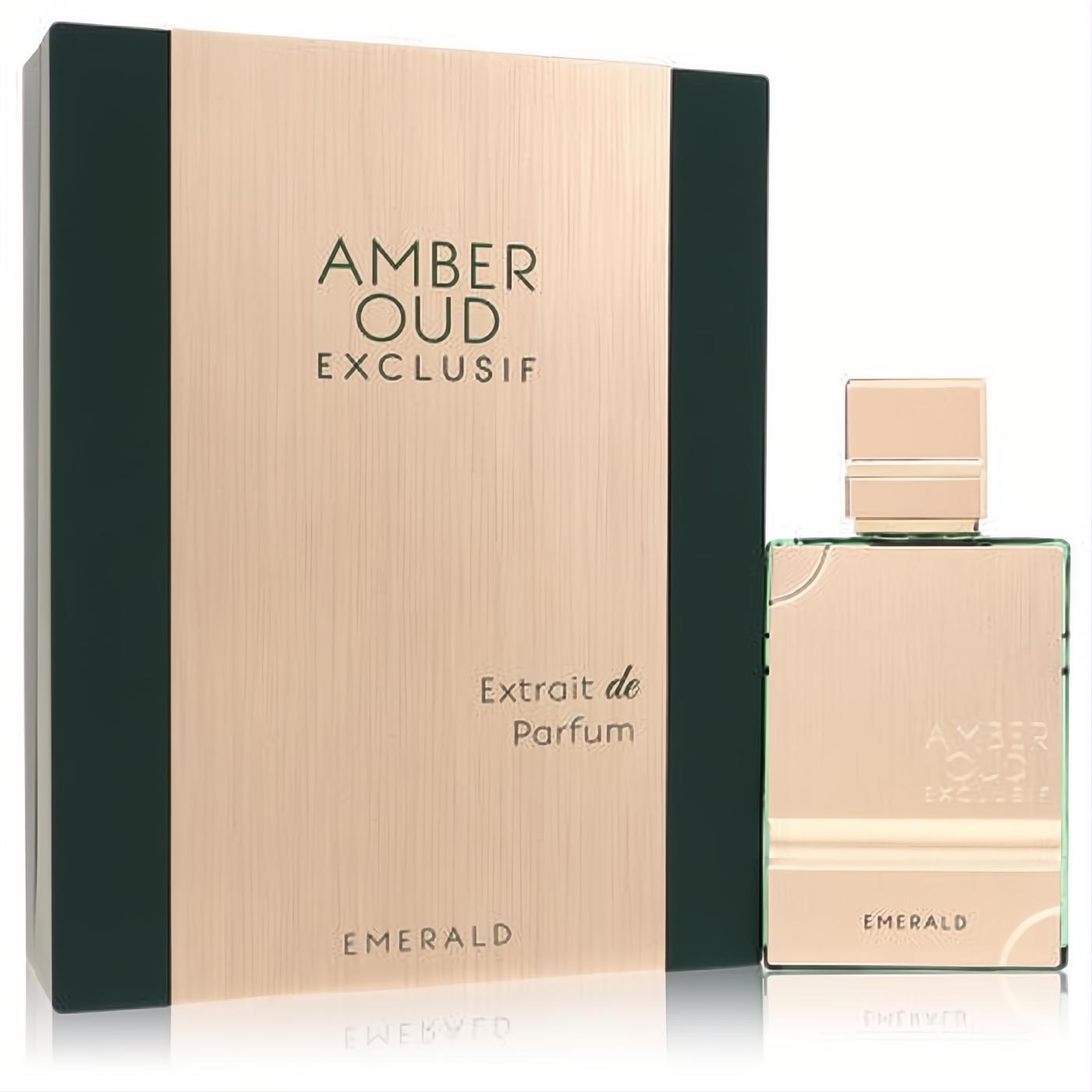 Luxurious Al Haramain Amber Oud Exclusif Emerald 2 oz unisex perfume. Sleek rose gold bottle and matching deep green box.