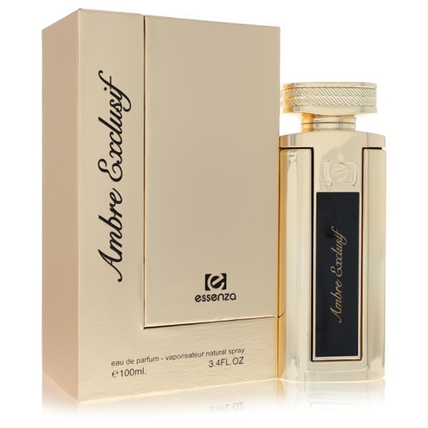 Elegant Ambre Exclusif Essenza 3.4 oz Eau de Parfum spray in a luxurious gold bottle with black label and matching box.