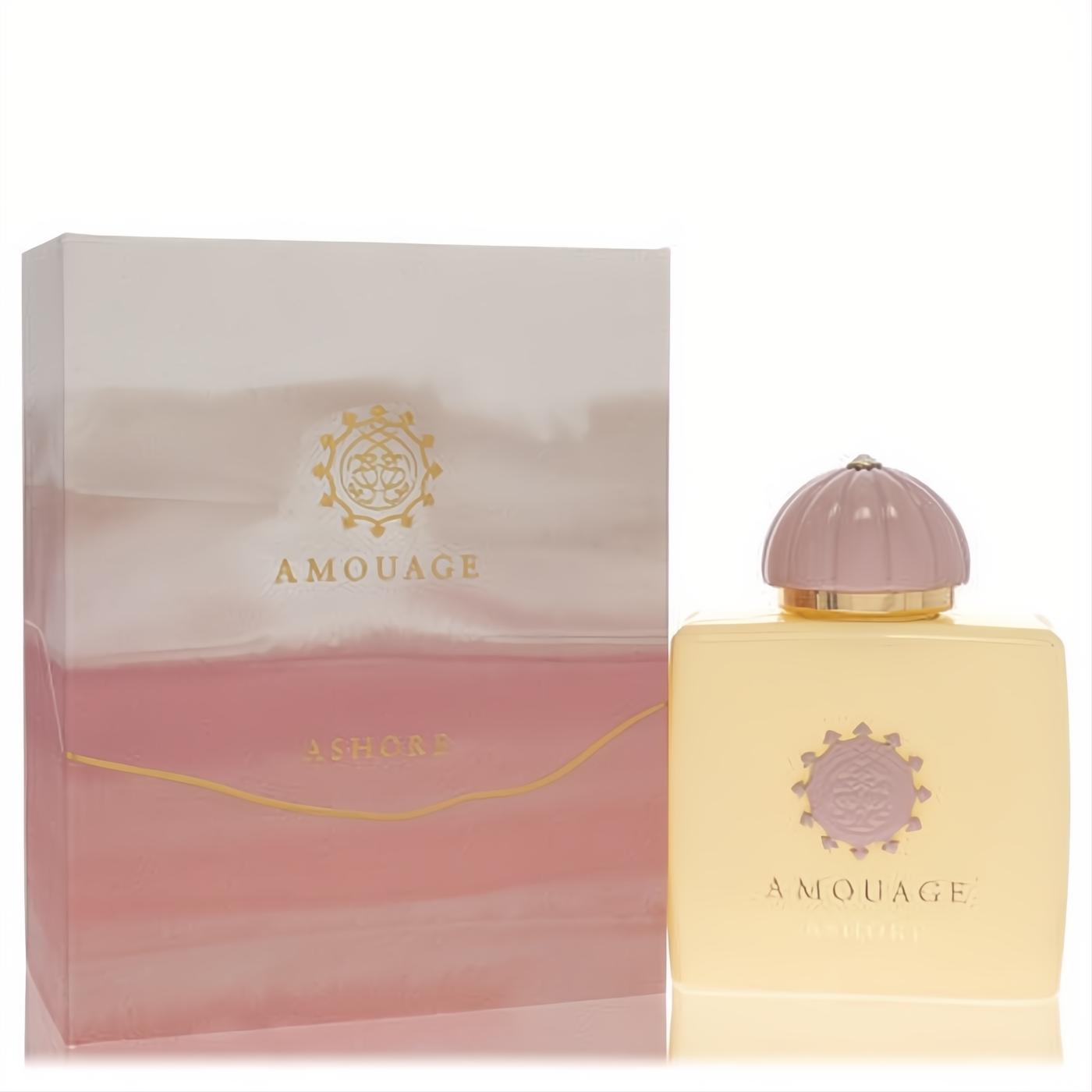 Luxurious Amouage Ashore Eau De Parfum. Pale yellow bottle, ribbed purple cap, and elegant pink gradient box.