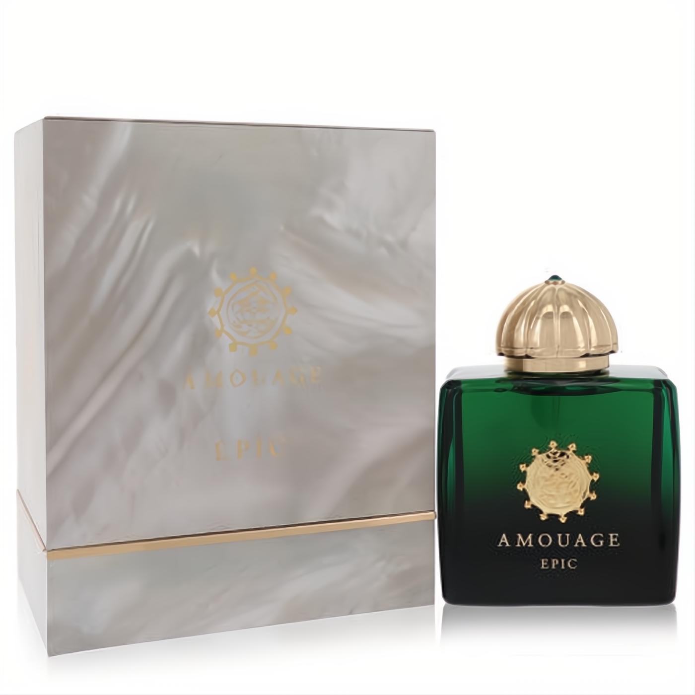 Amouage Epic 3.4 oz women's Eau De Parfum. Stunning emerald green bottle, gold cap, and iridescent white box.