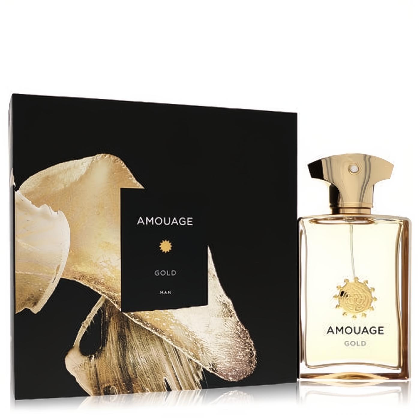 Luxurious Amouage Gold Man 3.4 oz EDP in a clear glass bottle with a gold cap, beside its striking black and gold gift box.