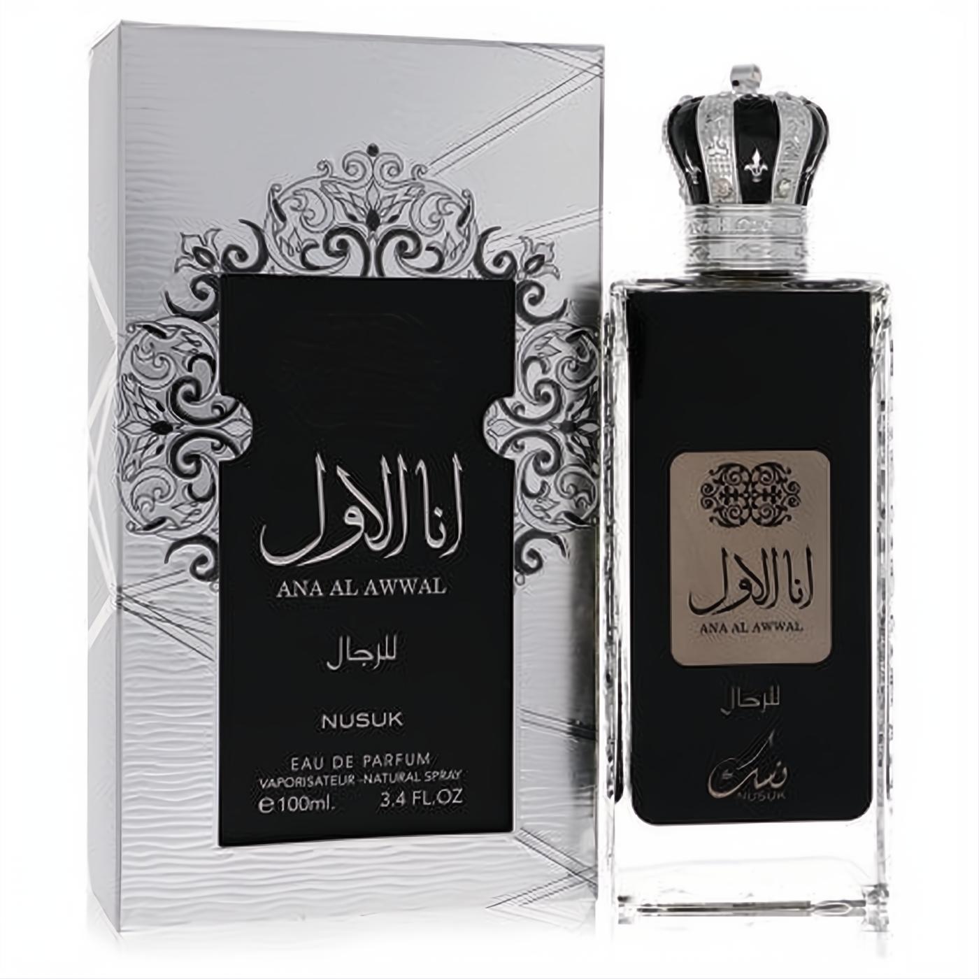 Elegant Ana Al Awwal by Nusuk 3.4 oz men's EDP in a sleek black bottle with a majestic silver crown cap and matching box.