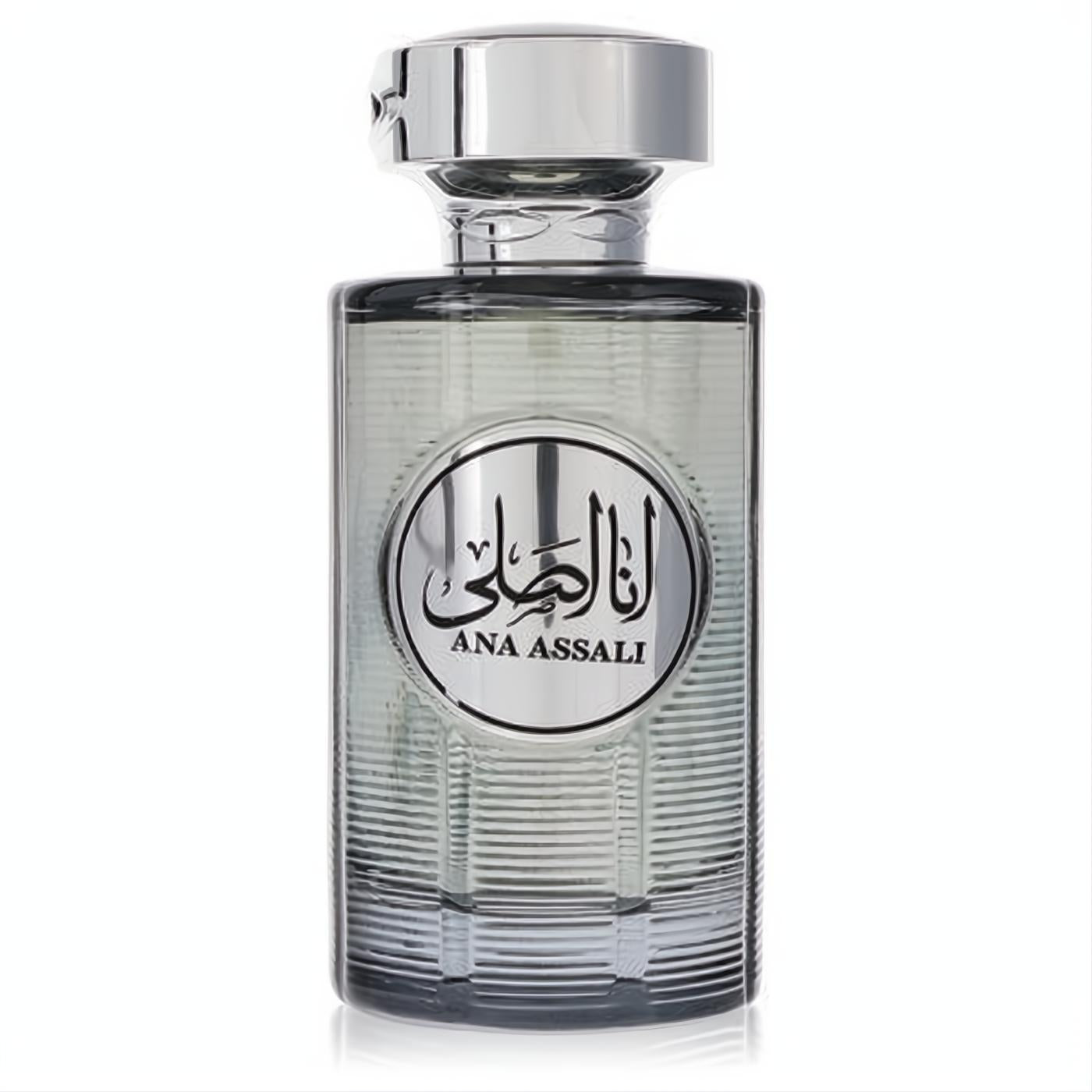 Elegant Ana Assali by Rihanah unisex Eau De Parfum. Clear ribbed glass bottle, sleek silver cap, and metallic logo label.