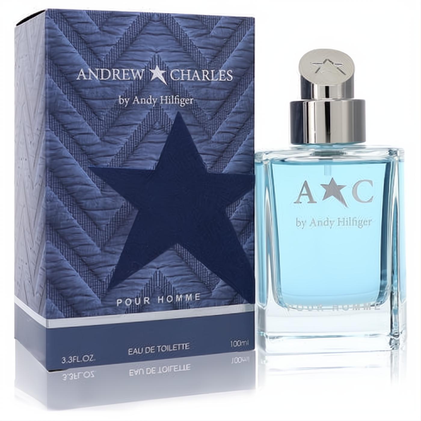 Andrew Charles by Andy Hilfiger 3.3 oz men's EDT. Fresh blue bottle, silver cap, and textured blue box with bold star logo.