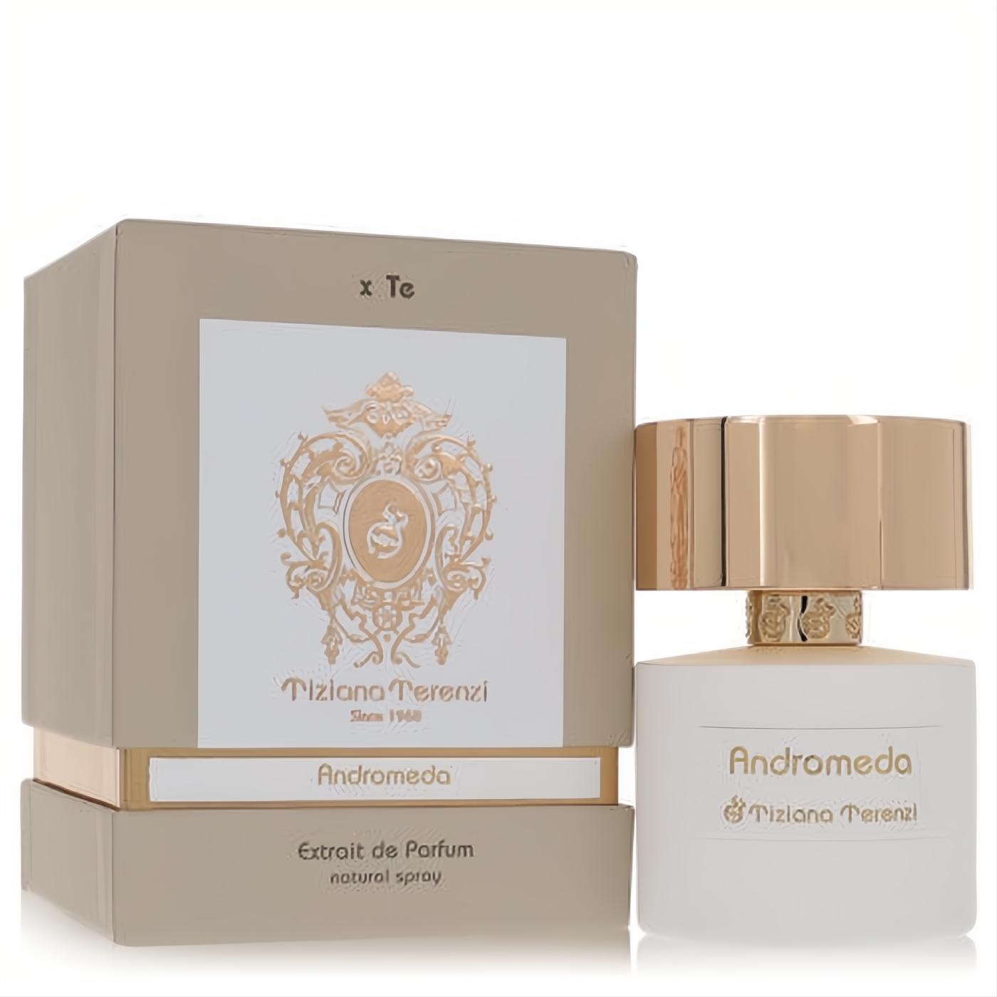 Luxurious Andromeda by Tiziana Terenzi Extrait De Parfum. White bottle with ornate gold cap and elegant beige gift box.