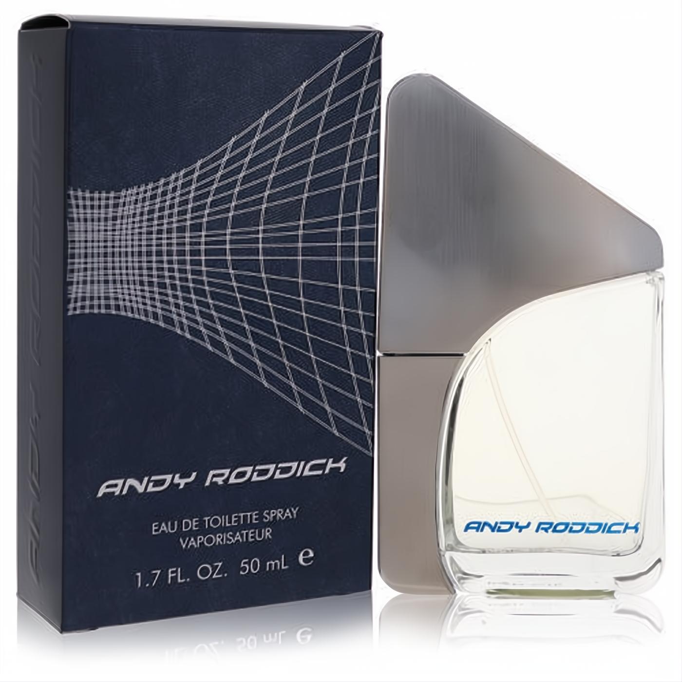 Andy Roddick by Parlux 1.7 oz EDT spray. Bold clear glass bottle with angular silver cap and a striking dark blue geometric box.